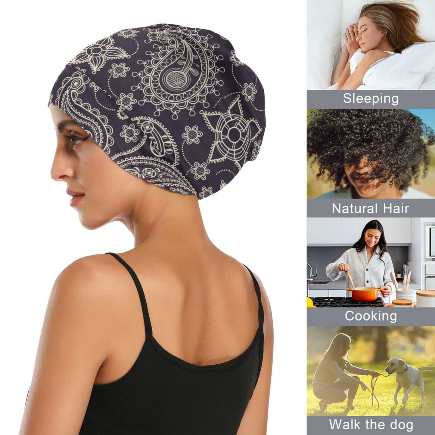 Satin Bonnet Lined Sleep Cap Hair Wrap Cover Slouchy Beanie for Curly Hair Protection for Gifts for Men Women Dark Blue Stars