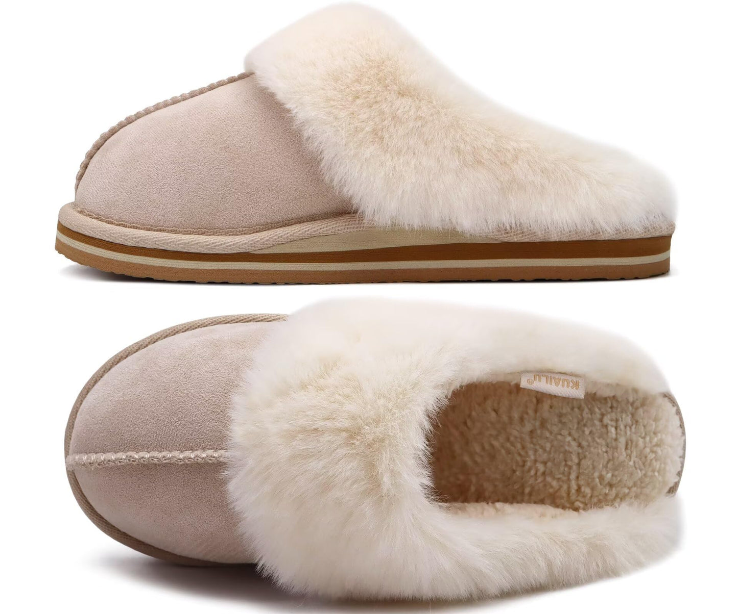 KuaiLu Womens Fluff Dual Memory Foam Slippers Ladies Cozy Arch Support Warm Scuff Slippers Slip on Comfy Winter House Shoes with Non-Slip Indoor Outdoor Hard Sole