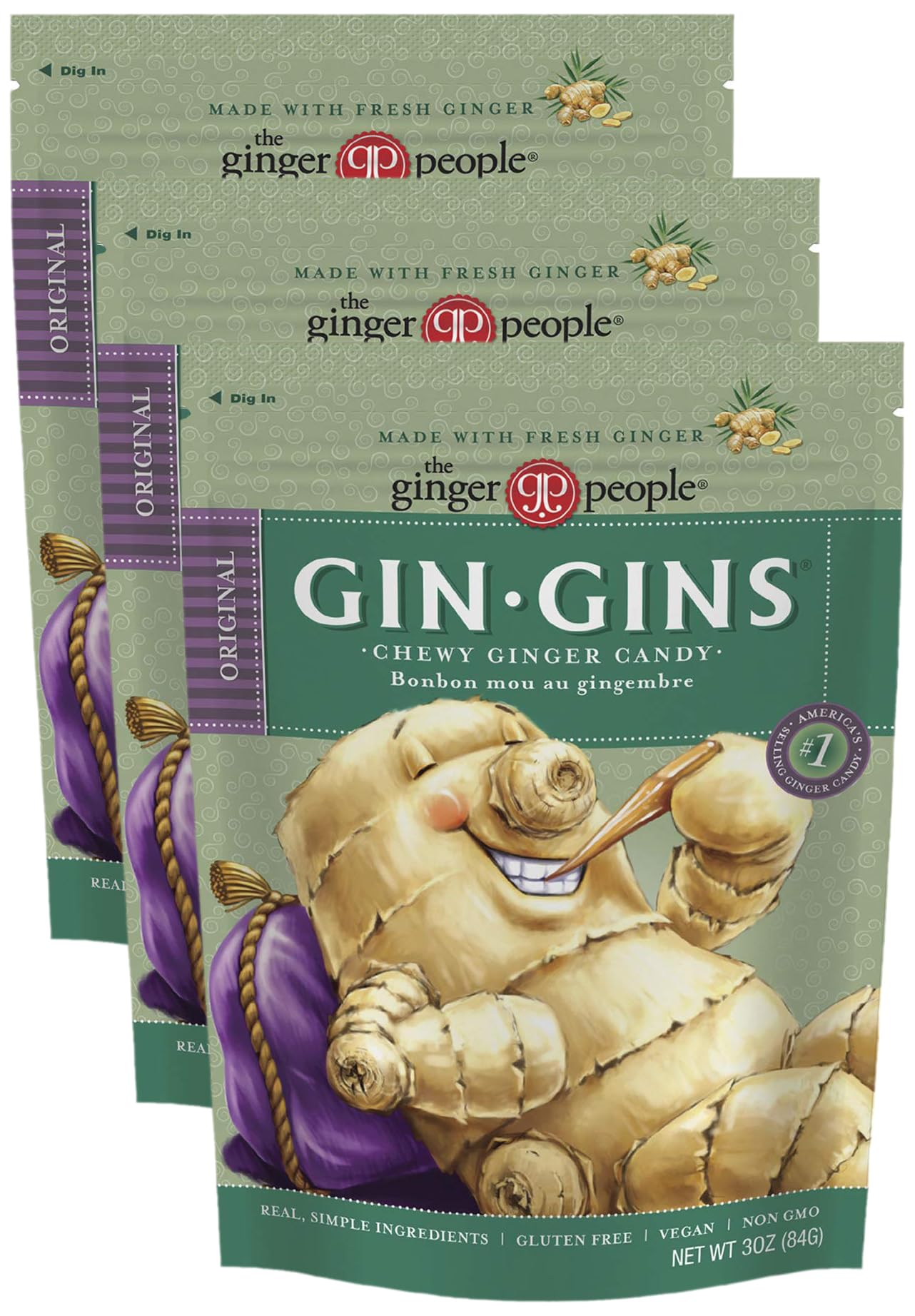 GIN GINS Ginger Chews – Natural Fresh Ginger Candy by The Ginger People – Individually Wrapped Healthy Candy – Original, Apple, Peanut and Turmeric Flavors – Variety Pack – 4 x 3oz bag each flavor (Pack of 4 bags)