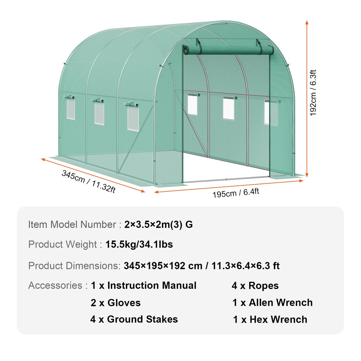 VEVOR Walk-in Tunnel Greenhouse, 9.6x6.4x6.2 ft Hoop House Greenhouse Tunnel, Plant Hot House with Galvanized Steel Frame, White PE Cover, Roll-up Zipper Door and 6 Windows for Outdoor