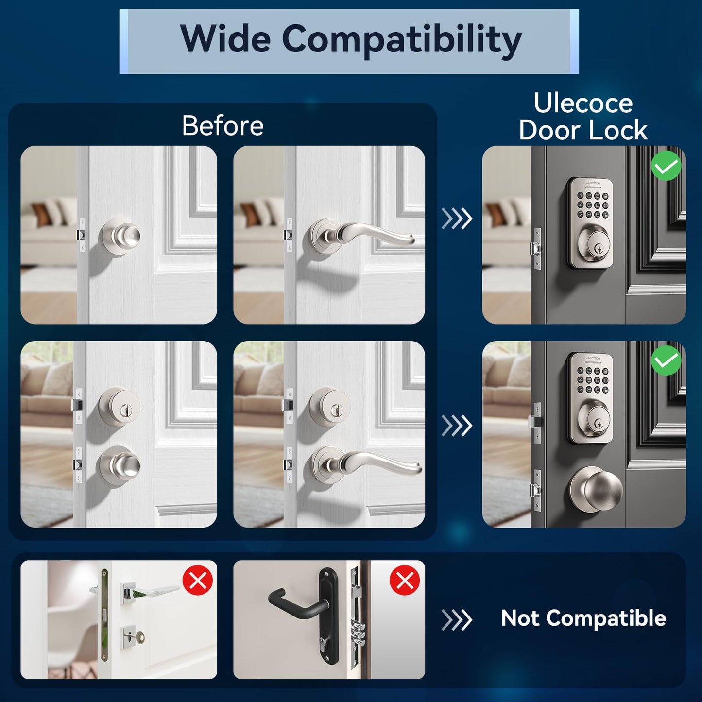 Keyless Entry Keypad Deadbolt with Handle Set, Smart Lock, Auto-Lock + One-Touch Lock, 100 Codes + 15-Min Easy Install, Ideal for Airbnb/Homes/Offices, Fits U.S. Standard Front Doors, Black