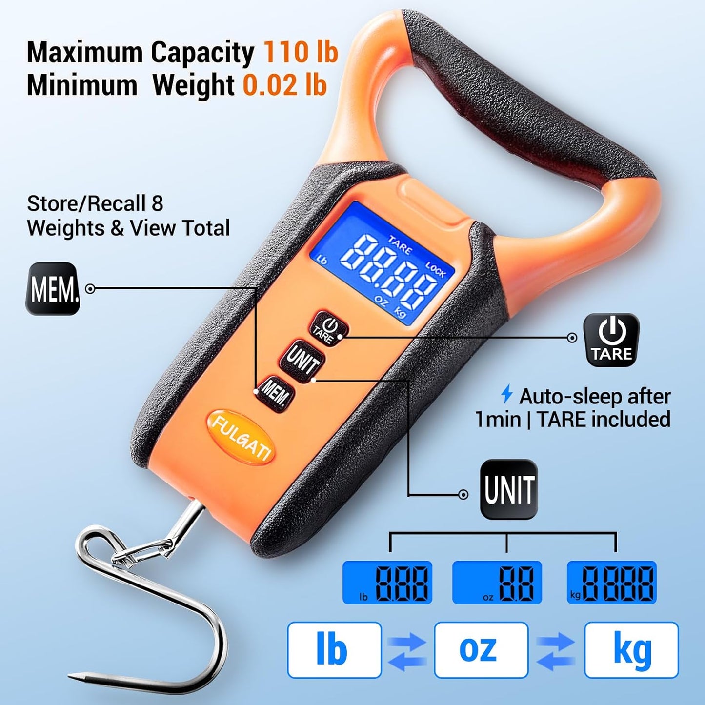 Fish Scale Digital Waterproof Floating with Carry Case Fishing Weighing Scale with Lip Gripper, Backlit LCD Display,110lb Capacity Memory Storage & Summation -Fishing Gifts for Men