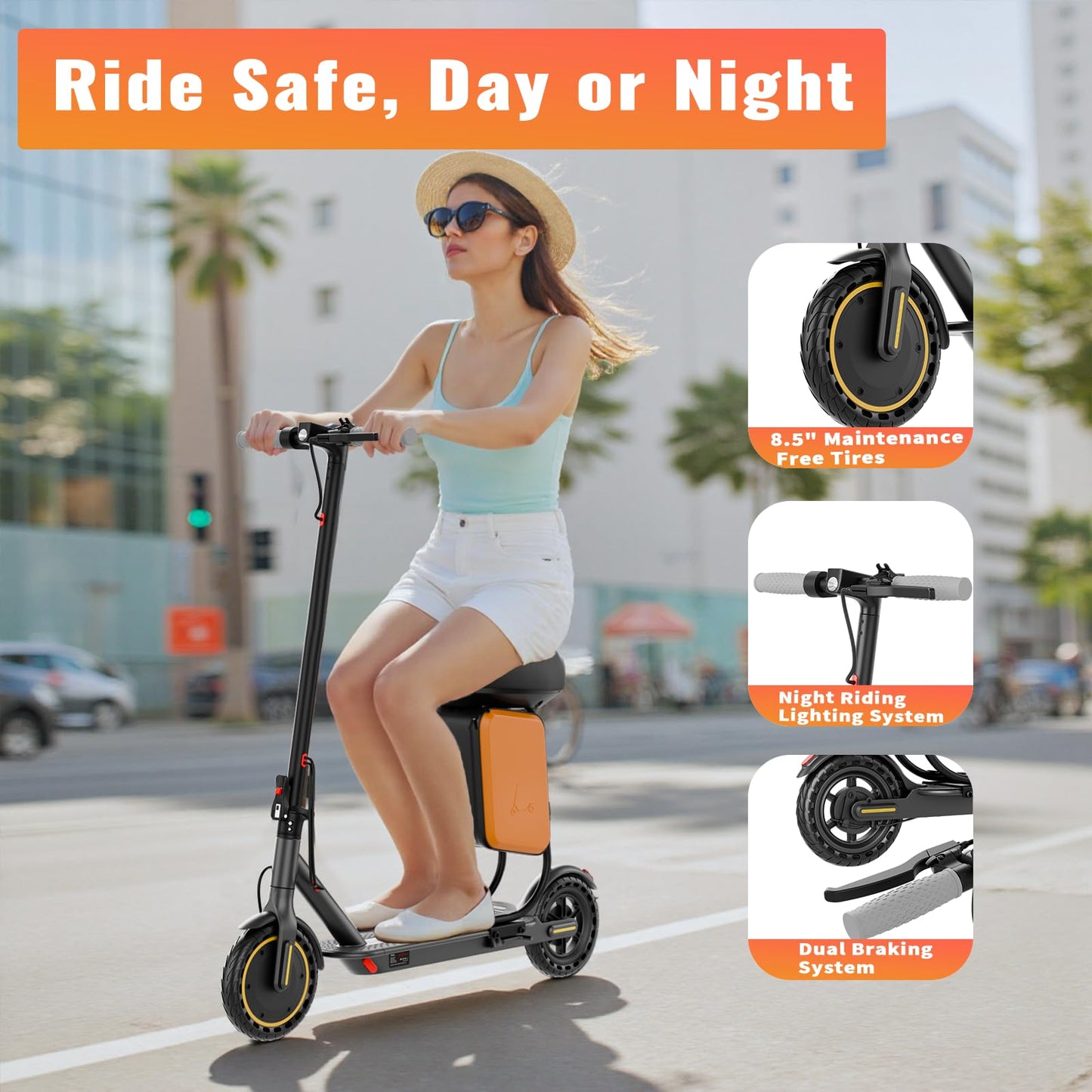 Electric Scooter for Adults, 350W/500W Motor, 16-22 Miles Range, 8.5"/10" Solid Tires, Dual Braking & Suspension, Folding Portable Commuting E-Scooter with App