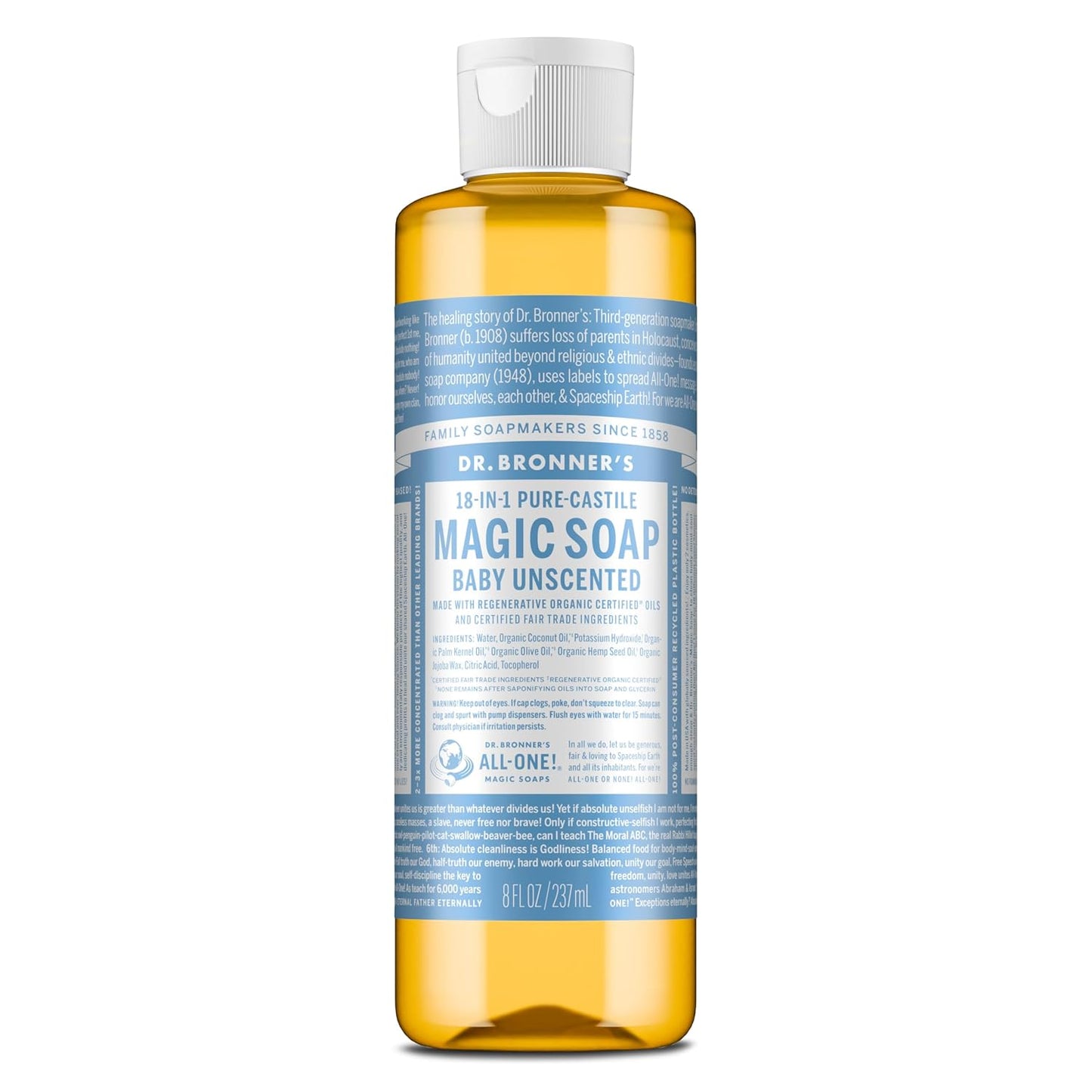 Dr. Bronner's Pure-Castile Magic Liquid Soap - Made with Regenerative Organic Certified Oils - 18-in-1 Uses for Face, Body, Hand Gentle on Baby & Sensitive Skin Body Wash Unscented,32oz