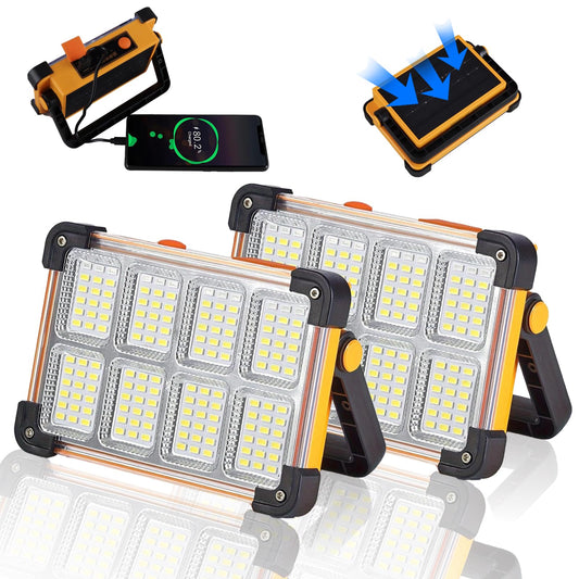 120W Solar Rechargeable Work Light, 144 LED 10000LM Portable Flood Light with Stand, IP66 Waterproof 4 Modes LED Job Site Lighting Flashlights for Mechanic Camping Fishing Car Repair