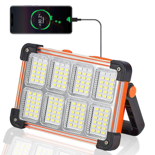 120W Solar Rechargeable Work Light, 144 LED 10000LM Portable Flood Light with Stand, IP66 Waterproof 4 Modes LED Job Site Lighting Flashlights for Mechanic Camping Fishing Car Repair