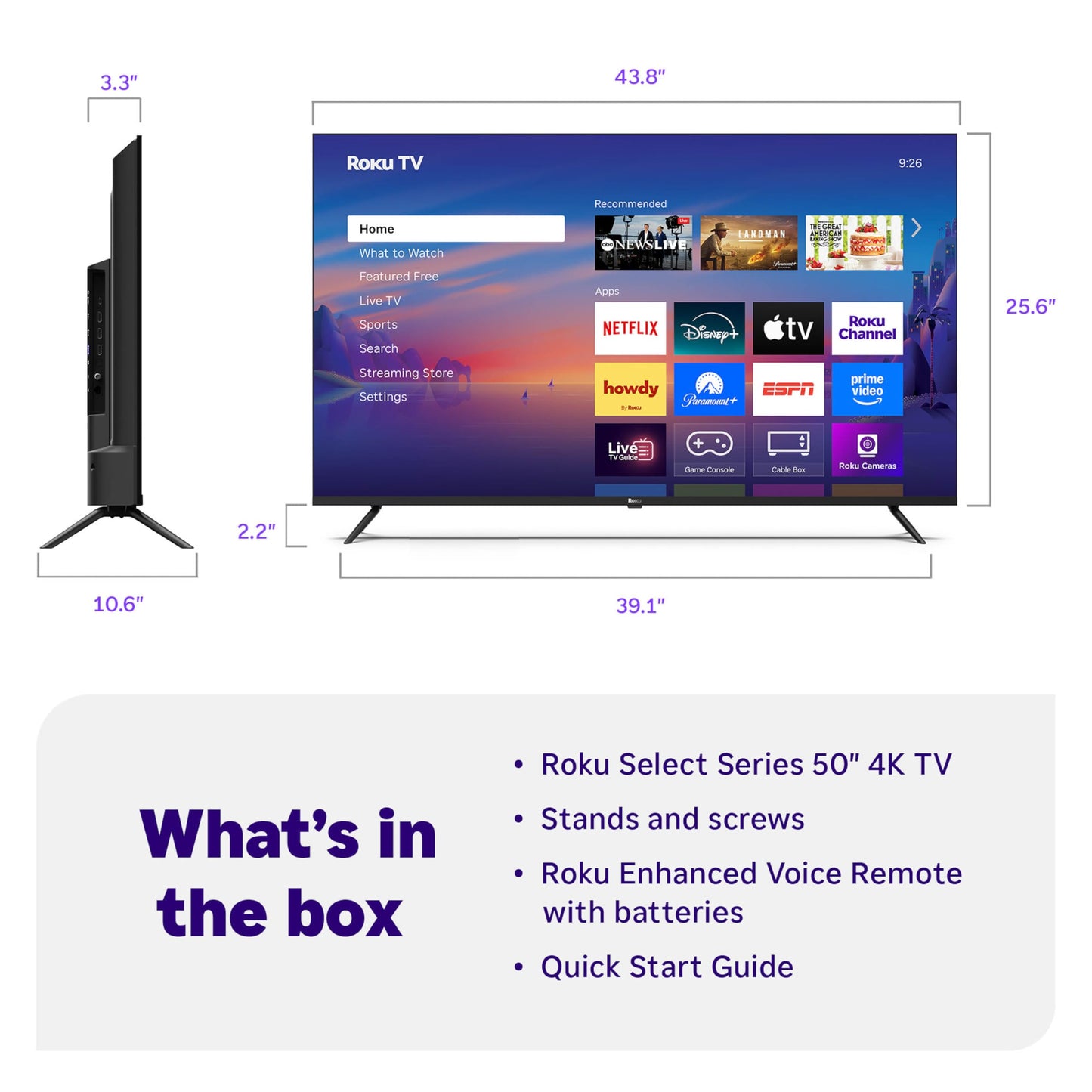 Roku Smart TV – 43-Inch Select Series, 4K HDR TV – RokuTV with Enhanced Voice Remote – Flat Screen LED Television with Wi-Fi for Streaming Live Local News, Sports, Family Entertainment