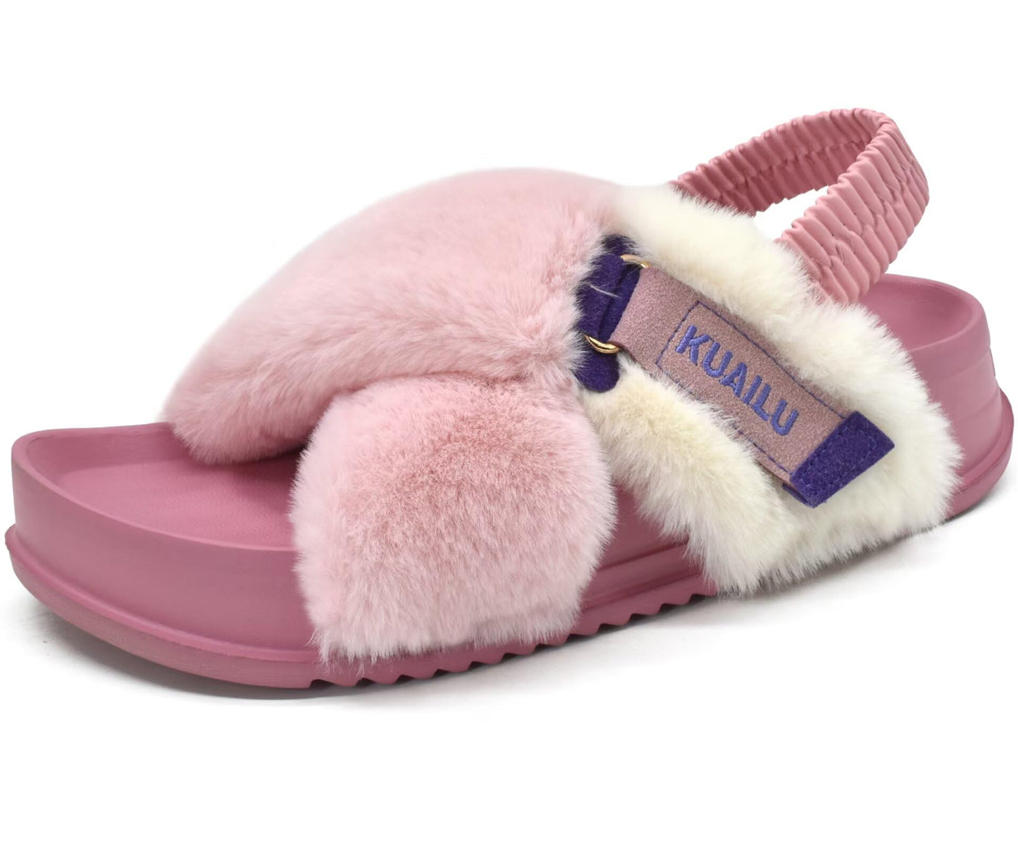 KuaiLu Womens Fuzzy Criss Cross Band Platform Slippers Arch Support Furry Faux Fur Ladies Open Toe Cozy Soft Plush Fleece Comfy House Shoes Sandals
