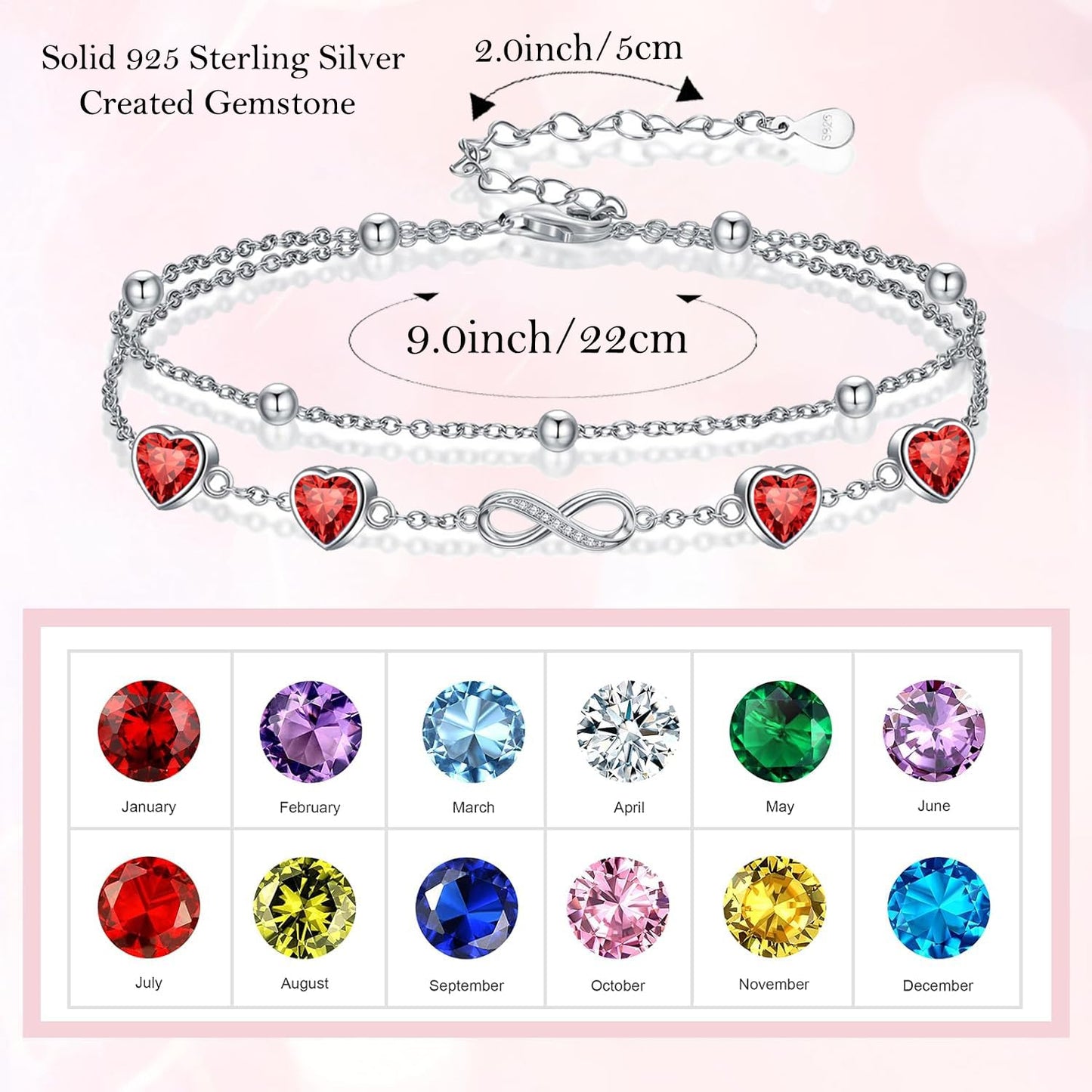 DAMOOR 925 Sterling Silver Infinity Heart Birthstone Anklet Bracelets for Women Layered Anklets Bracelets Birthday Jewelry for Her