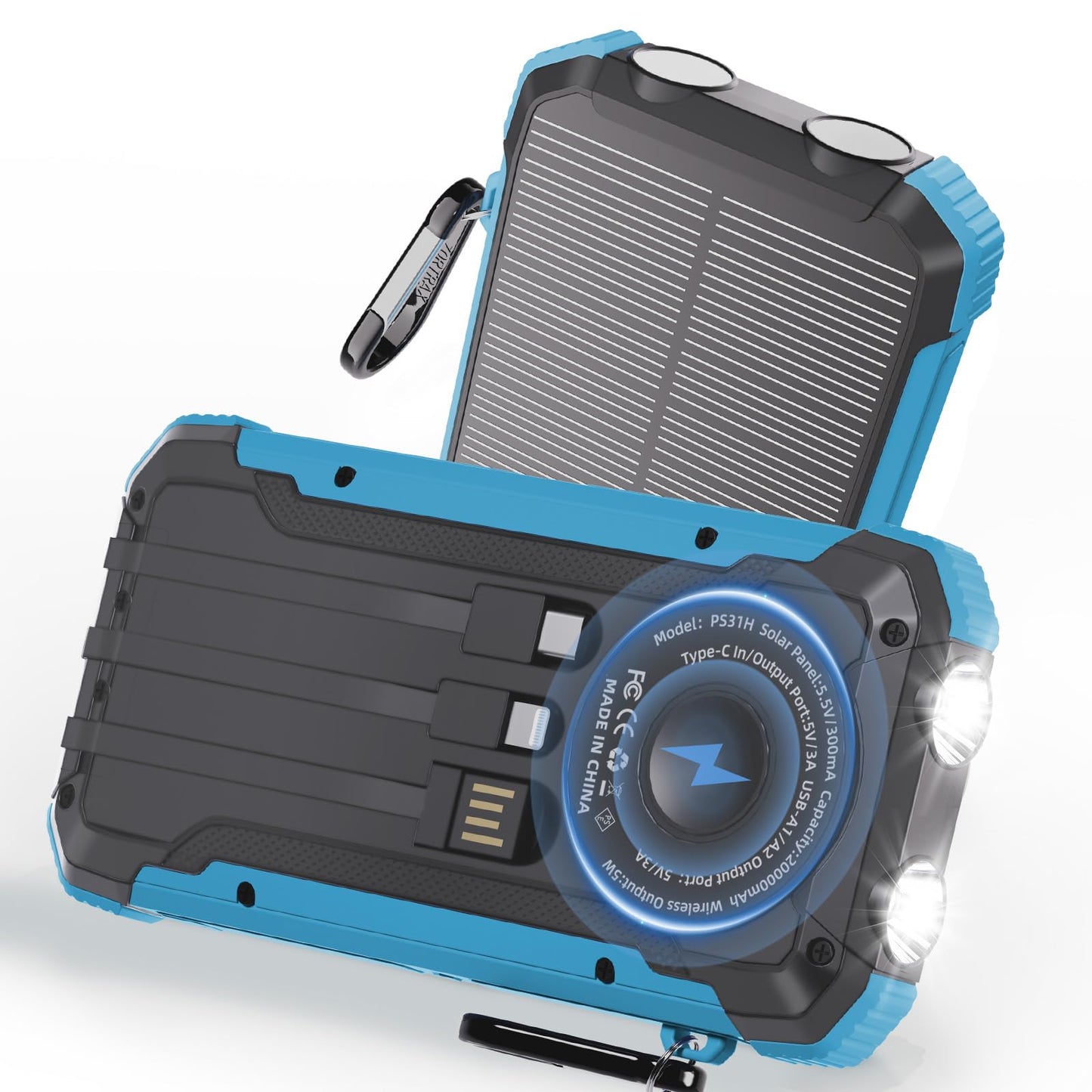 Solar Charger Power Bank 20,000mAh, Portable Wireless Charger, Fast Charging External Battery Bank with 6 Outputs for Cell Phones, Portable Solar Panel with Dual Flashlight for Camping