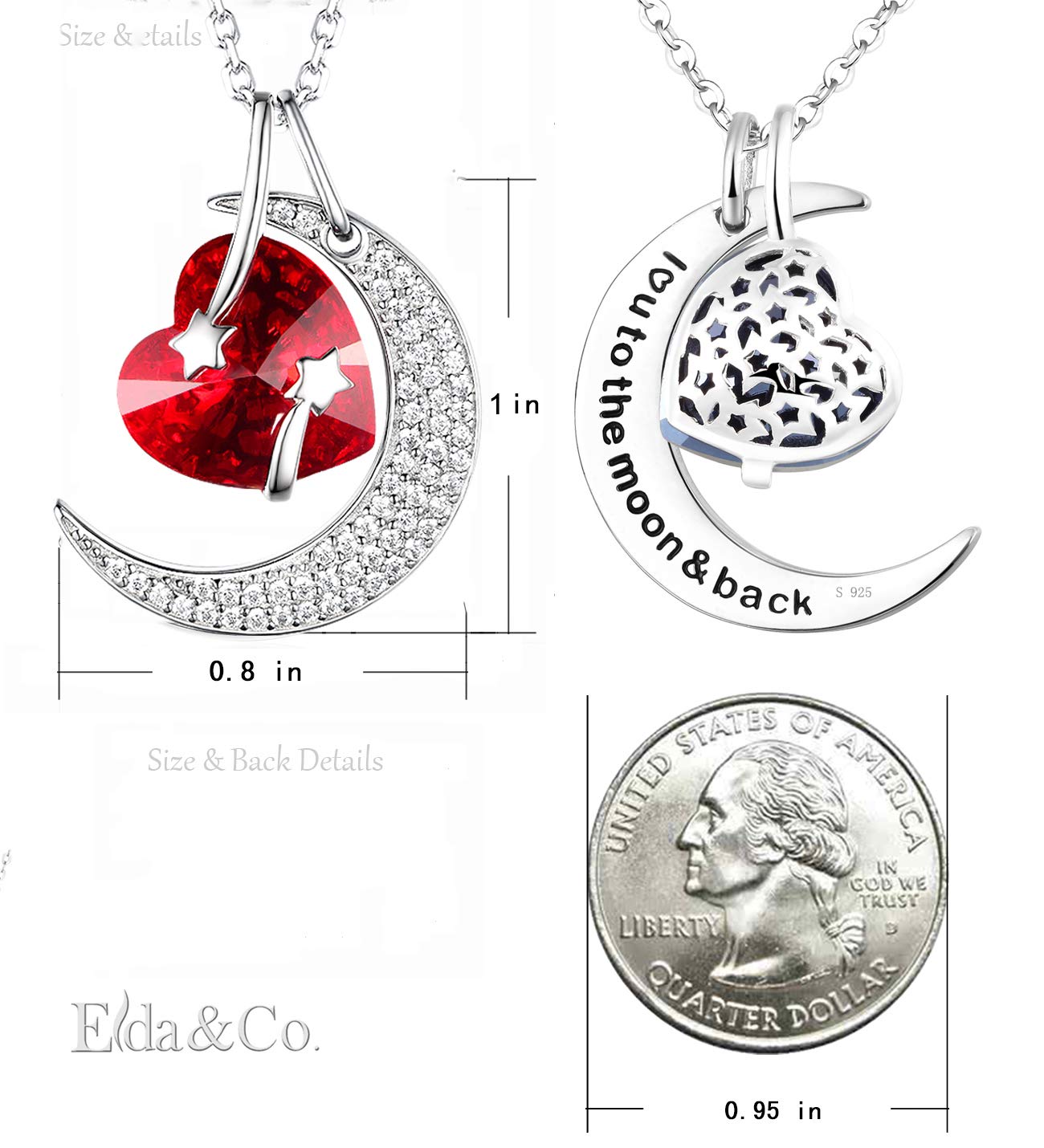 I Love You to the Moon and Back Half Moon Necklace Jewelry Birthday Gifts Mom Wife January February Birthstones Garnet Amethyst and More Stones 925 Sterling Silver
