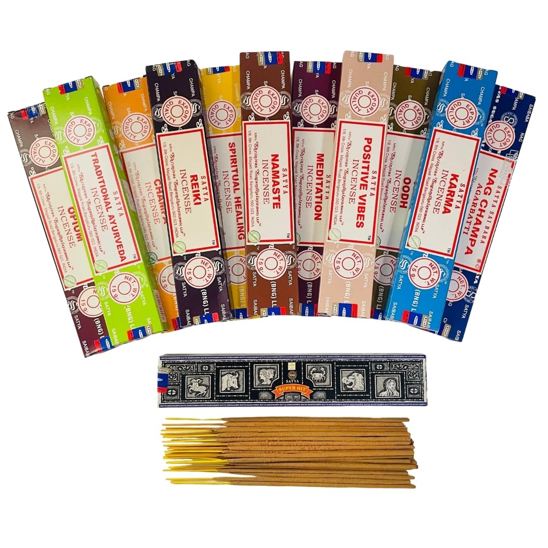 Satya Premium Mix Assorted Incense Sticks Set of 12 Pack | for Meditation, Aromatherapy, Healing, Yoga, Positivity and Relaxation | 180 Sticks (12Packs X 15Sticks)