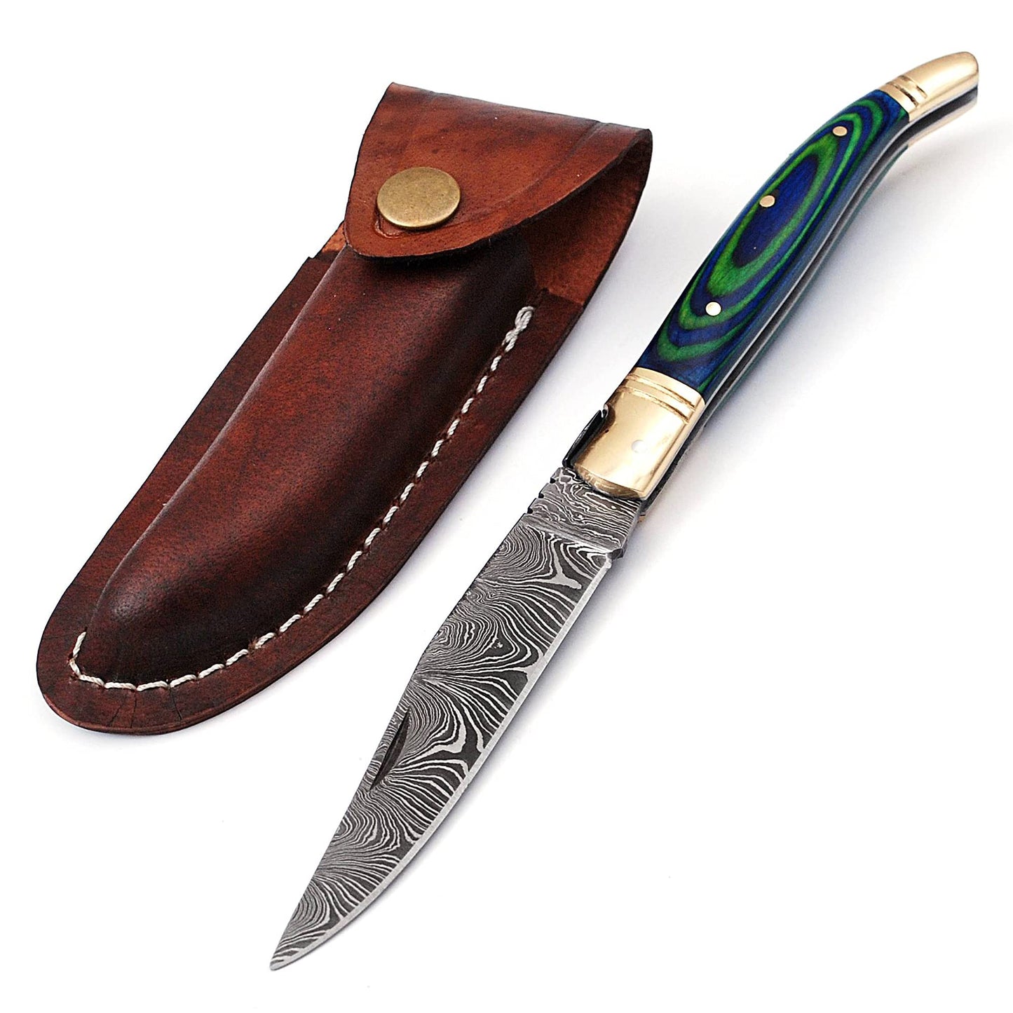 Damascus steel folding knife with leather sheath, 8.5 inches long laguiole pocket knife with 4 inches long Damascus steel Blade, 4.5 inches Blue multi colored wood scale with Brass bolster and pommel,