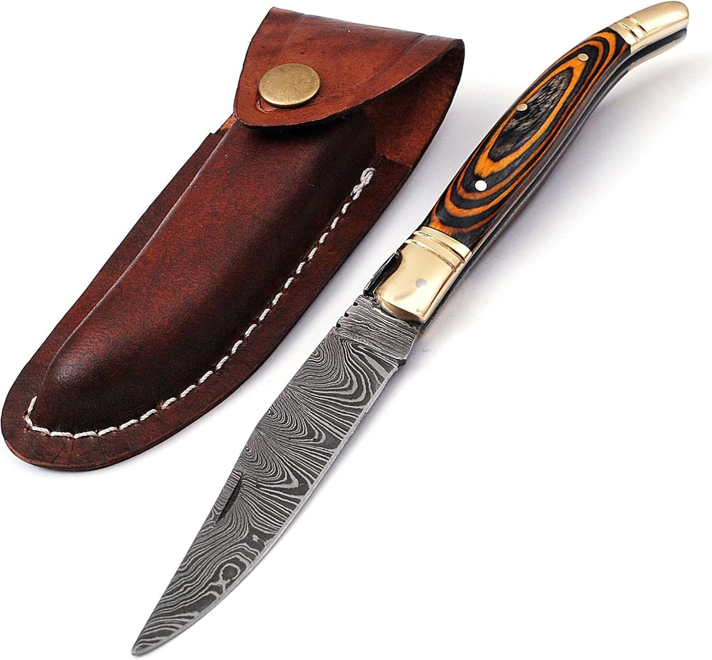 Damascus steel folding knife with leather sheath, 8.5 inches long laguiole pocket knife with 4 inches long Damascus steel Blade, 4.5 inches Blue multi colored wood scale with Brass bolster and pommel,