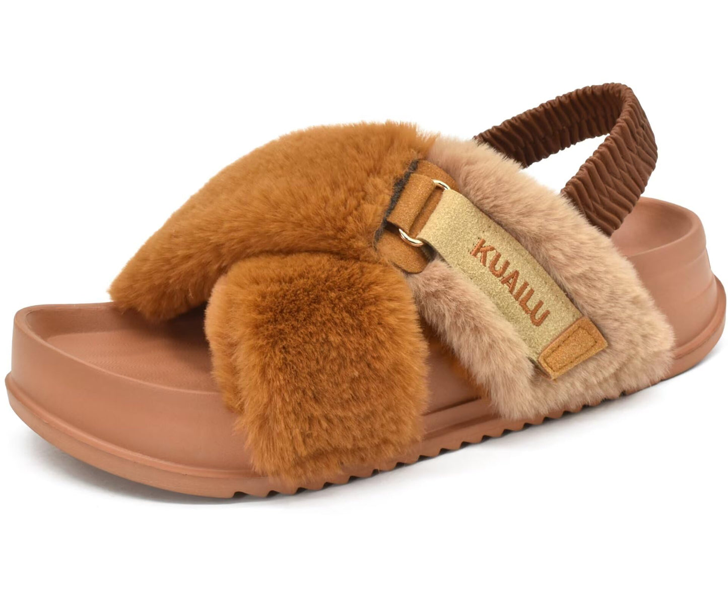 KuaiLu Womens Fuzzy Criss Cross Band Platform Slippers Arch Support Furry Faux Fur Ladies Open Toe Cozy Soft Plush Fleece Comfy House Shoes Sandals