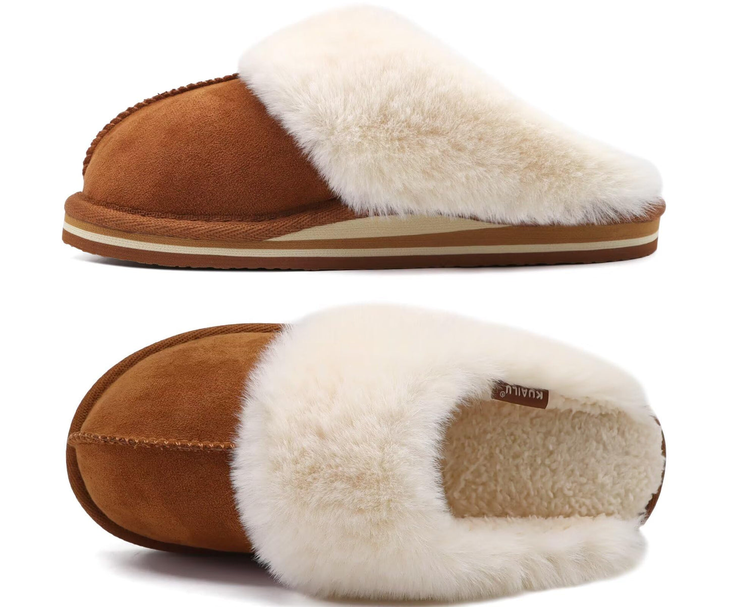KuaiLu Womens Fluff Dual Memory Foam Slippers Ladies Cozy Arch Support Warm Scuff Slippers Slip on Comfy Winter House Shoes with Non-Slip Indoor Outdoor Hard Sole
