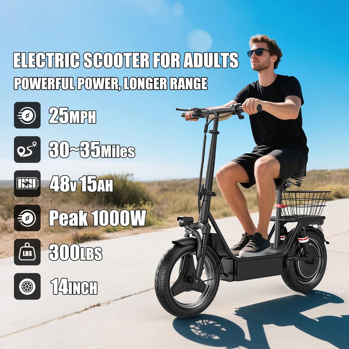 Electric Scooter for Adults, 1000W Peak Motor, Up to 25 MPH 30 Miles, Electric Scooter with Seat, Multiple Suspension, Bright Lights, Provides Comfortable and Safe Ride, 14" E Scooter for Commuting