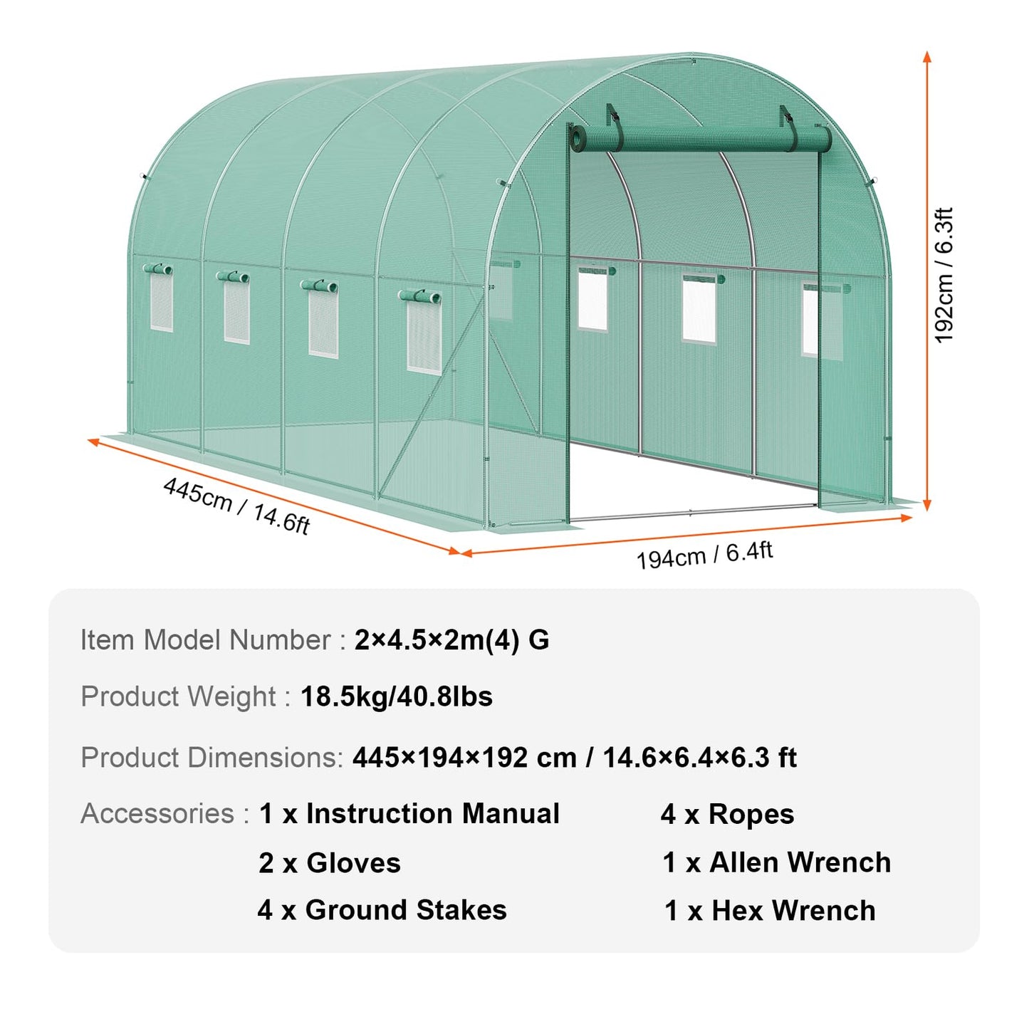 VEVOR Walk-in Tunnel Greenhouse, 9.6x6.4x6.2 ft Hoop House Greenhouse Tunnel, Plant Hot House with Galvanized Steel Frame, White PE Cover, Roll-up Zipper Door and 6 Windows for Outdoor