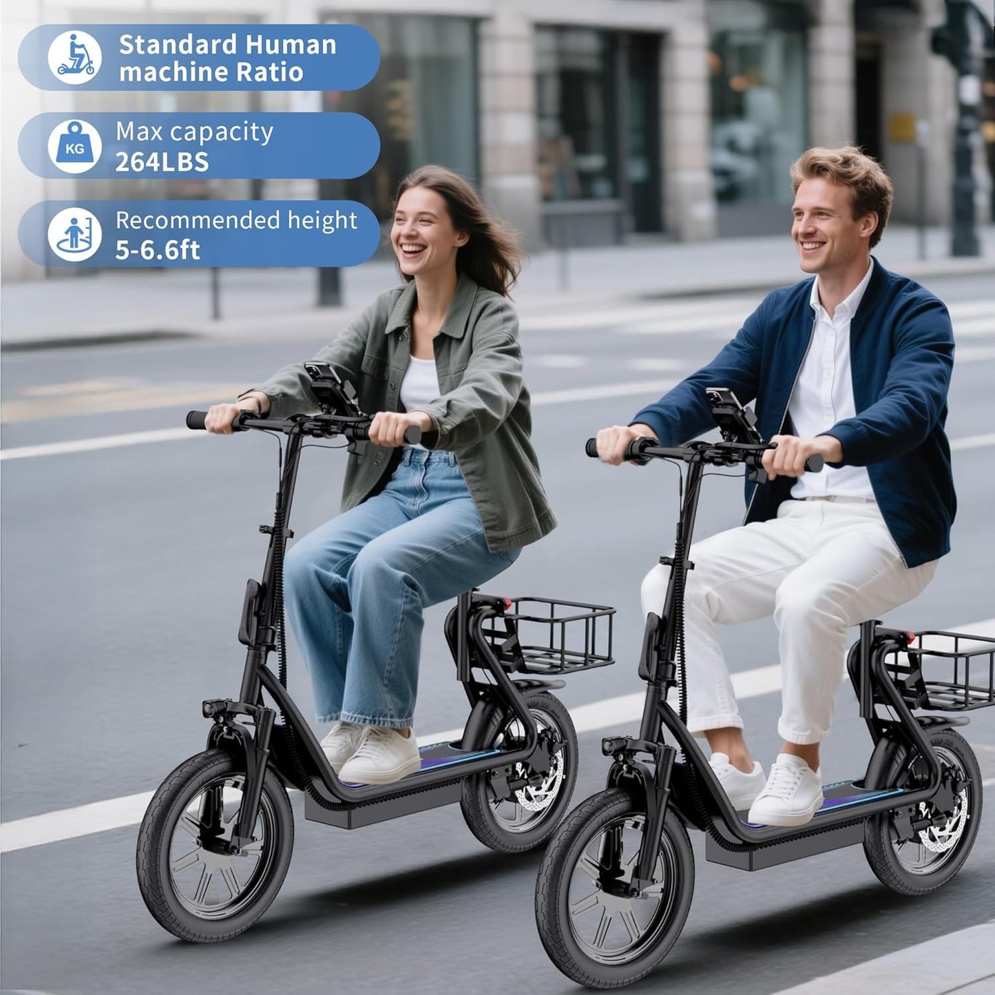 VOLPAM Electric Scooter Adults with Seat & Basket, 500W Powerful Motor, 22 MPH Speed, 27 Mile Range, 14" Tires,Foldable E Scooter with Seat