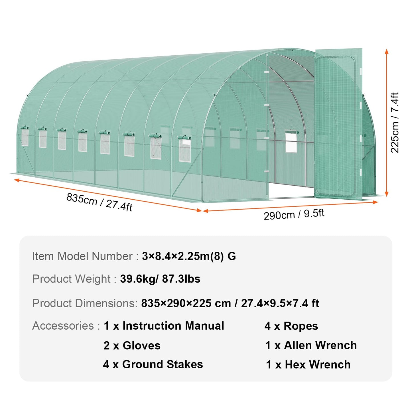 VEVOR Walk-in Tunnel Greenhouse, 9.6x6.4x6.2 ft Hoop House Greenhouse Tunnel, Plant Hot House with Galvanized Steel Frame, White PE Cover, Roll-up Zipper Door and 6 Windows for Outdoor