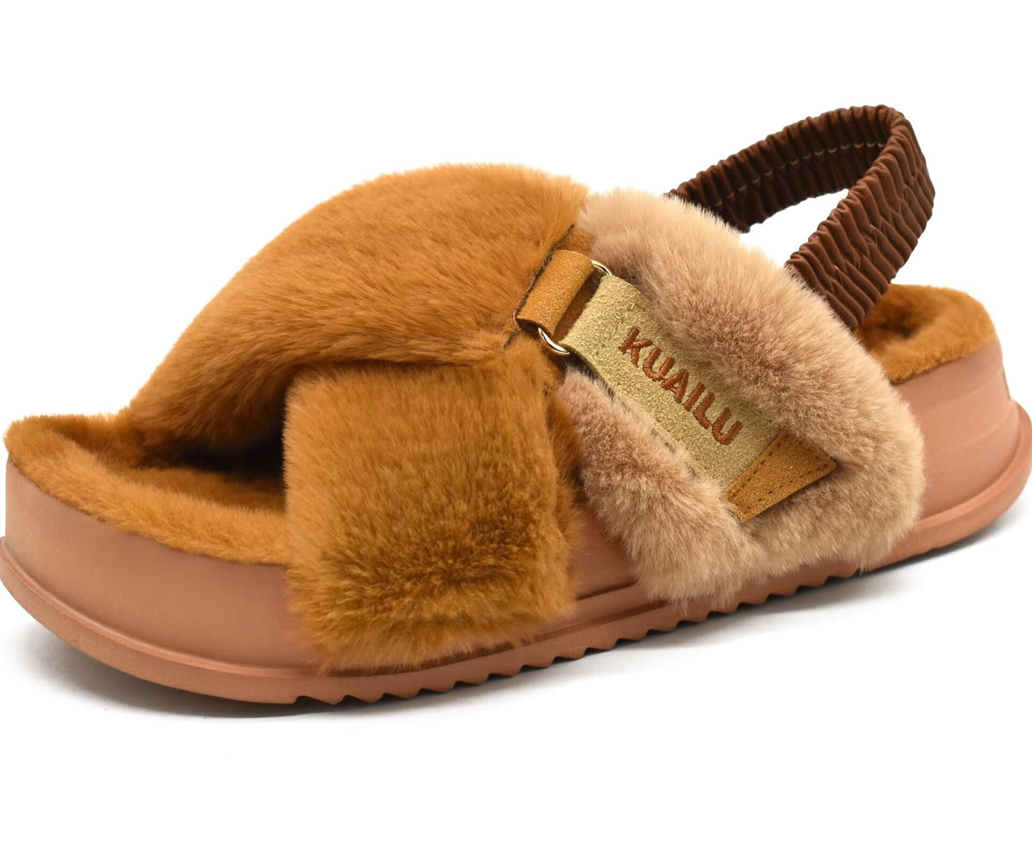 KuaiLu Womens Fuzzy Criss Cross Band Platform Slippers Arch Support Furry Faux Fur Ladies Open Toe Cozy Soft Plush Fleece Comfy House Shoes Sandals