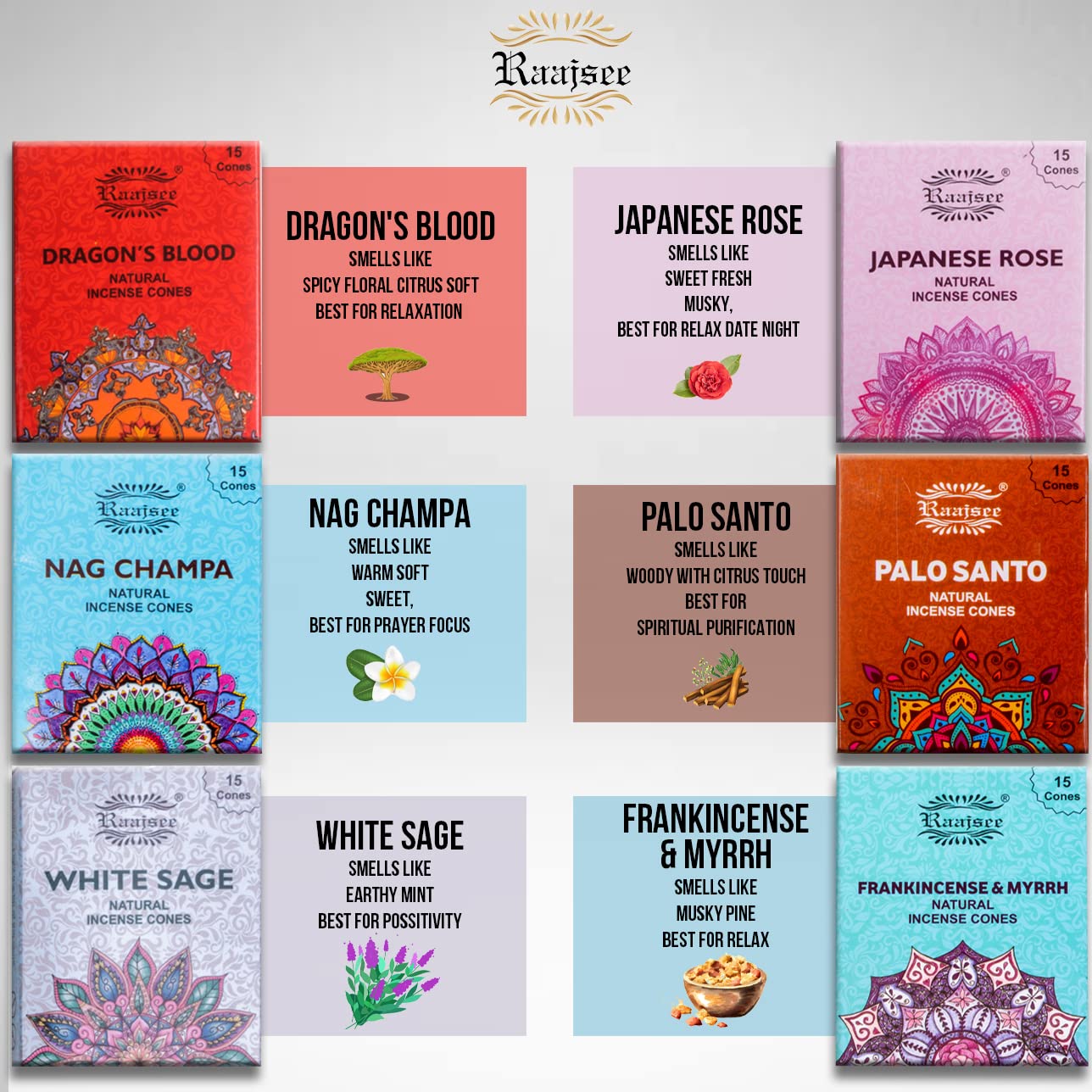 Raajsee Natural Incense Cones,6 Pack Mixed Scents Gift Pack 15 pc Each (90 Total), Insense Cones Variety Pack, 100% Organic Non Toxic Natural - Hand Rolled Free from Chemicals (Pack 1)