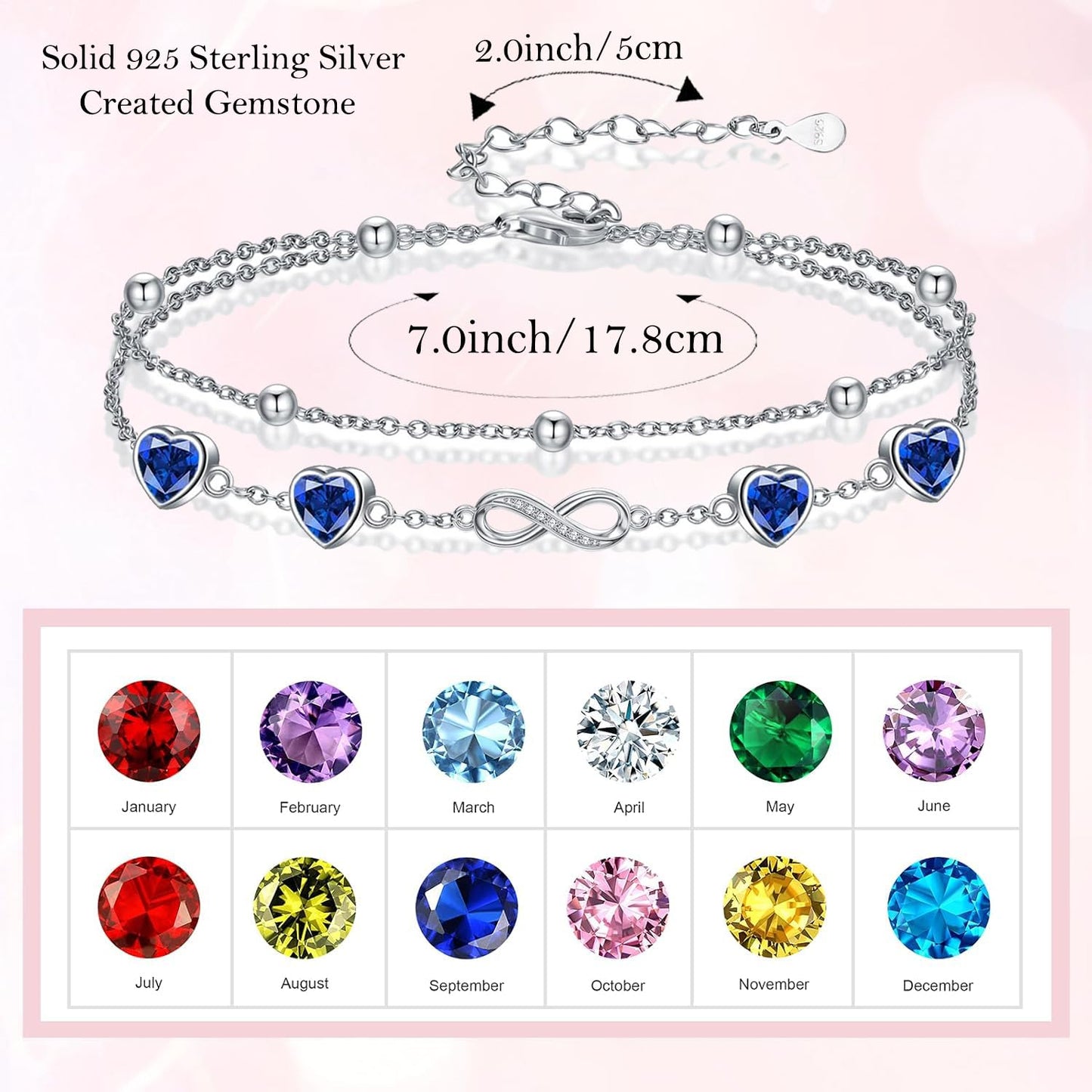 DAMOOR 925 Sterling Silver Infinity Heart Birthstone Anklet Bracelets for Women Layered Anklets Bracelets Birthday Jewelry for Her
