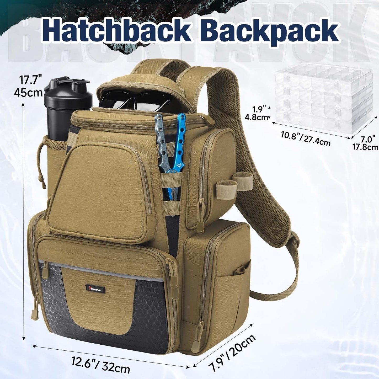 Piscifun Fishing Backpack with 2 Rod Holders & 4 Tackle Boxes, Large Tackle Storage Bag With Rain Cover for Fishing Gear