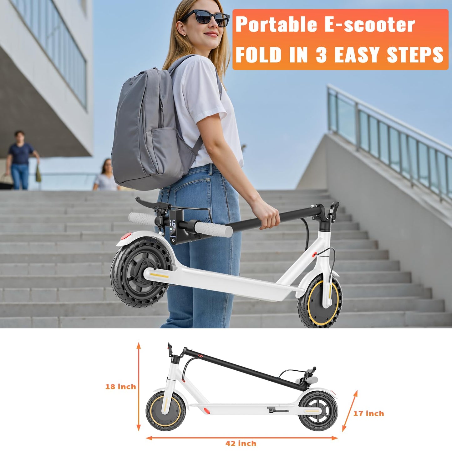 Electric Scooter for Adults, 350W/500W Motor, 16-22 Miles Range, 8.5"/10" Solid Tires, Dual Braking & Suspension, Folding Portable Commuting E-Scooter with App