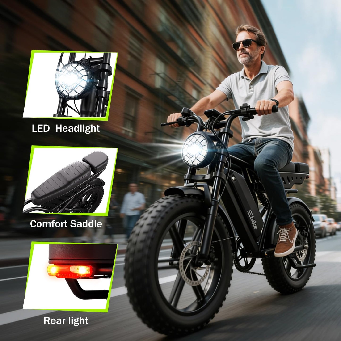 TST Electric Bike for Adults, 1500W Peak Motor Ebike with 48V 15Ah Built-in Battery, 60 Miles Range 28 MPH Electric Bike, 20" Fat Tire E Bike with Rear Seat, Footrest