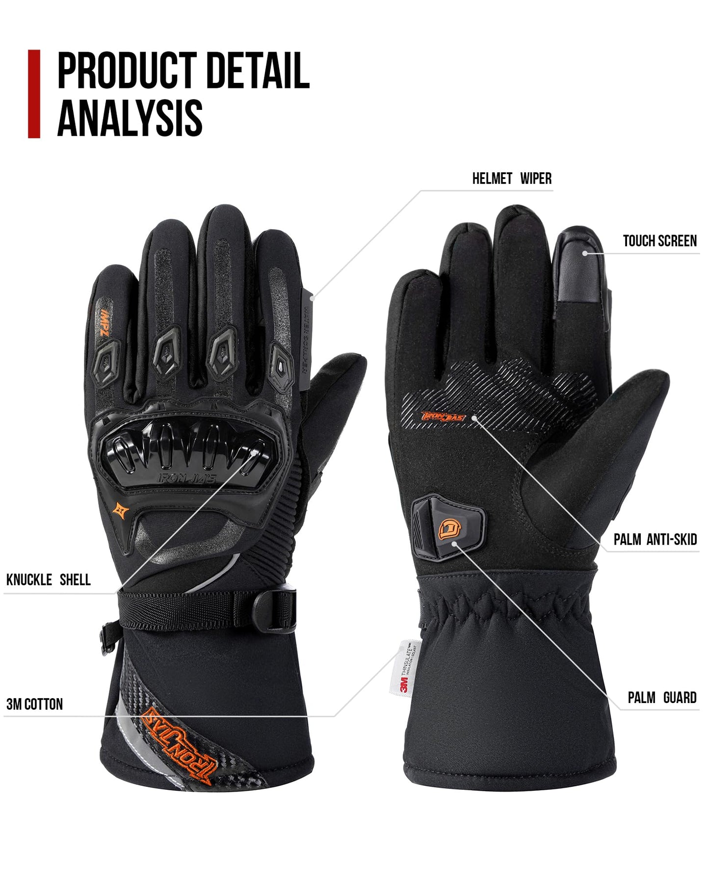 IRON JIA'S Motorcycle Gloves Winter Cold Weather Warm Touchscreen Waterproof Windproof Protective Gear (Black, L)