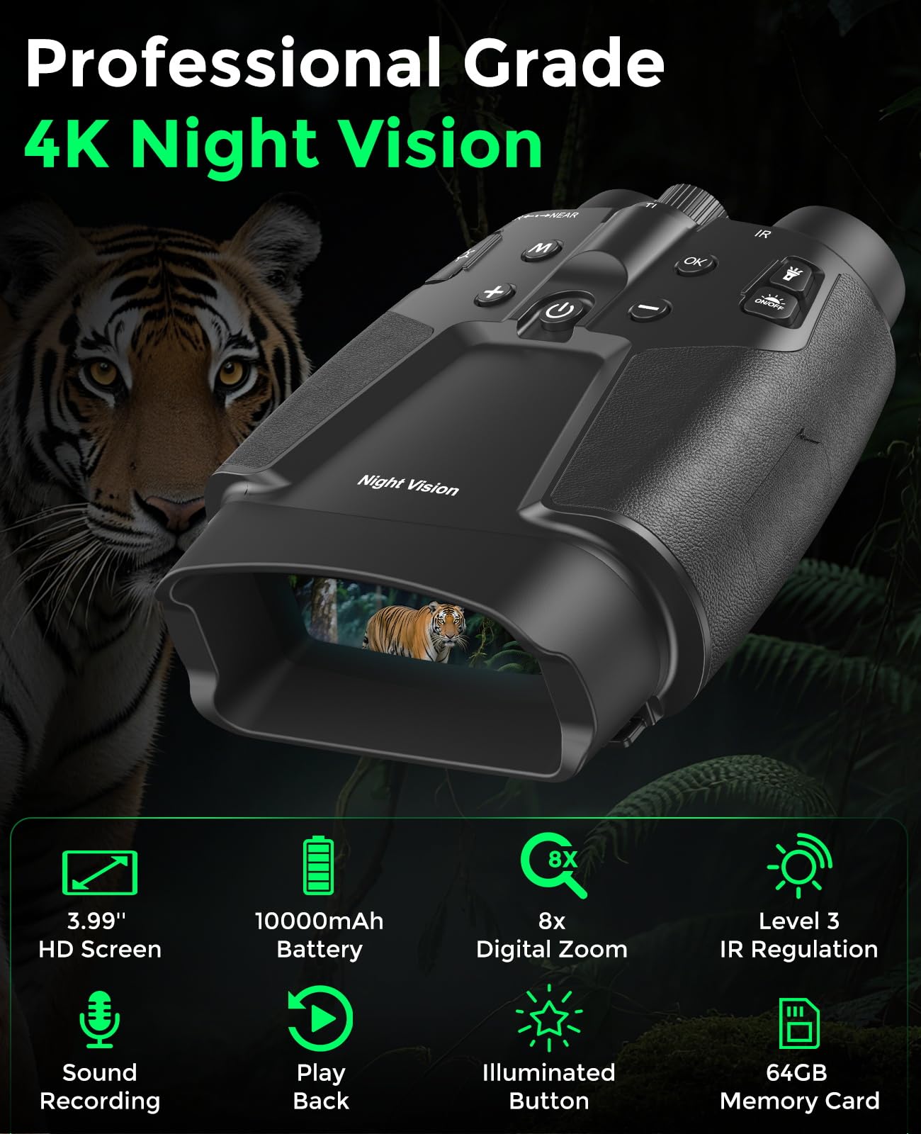 Night Vision Goggles for Adults, 3" HD Screen, 5000mAh Rechargeable Night Vision Binoculars with 32GB Card & 4K Video Recording for Wildlife, Hunting, Security