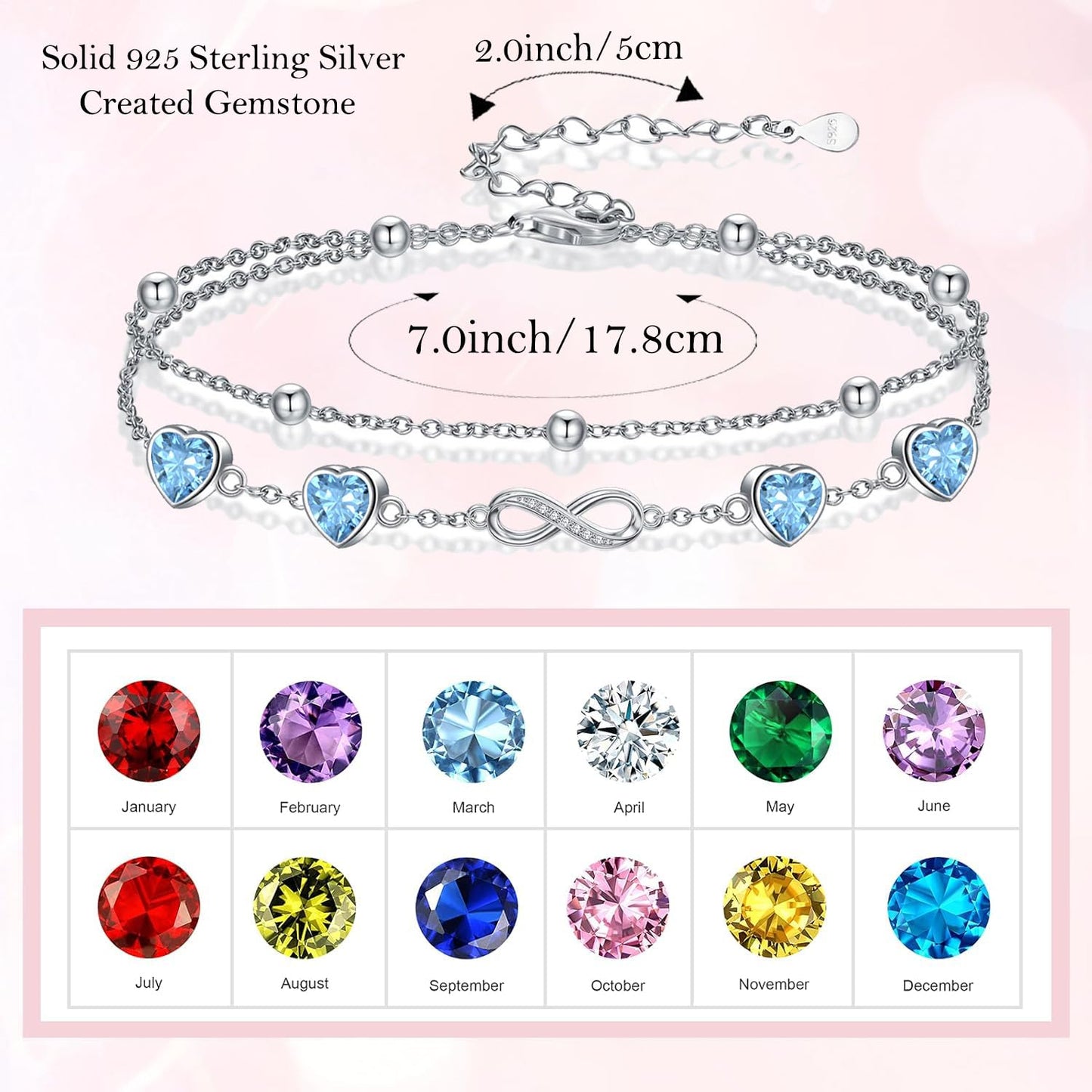 DAMOOR 925 Sterling Silver Infinity Heart Birthstone Anklet Bracelets for Women Layered Anklets Bracelets Birthday Jewelry for Her