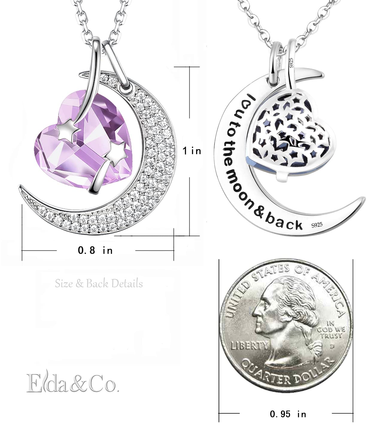 I Love You to the Moon and Back Half Moon Necklace Jewelry Birthday Gifts Mom Wife January February Birthstones Garnet Amethyst and More Stones 925 Sterling Silver