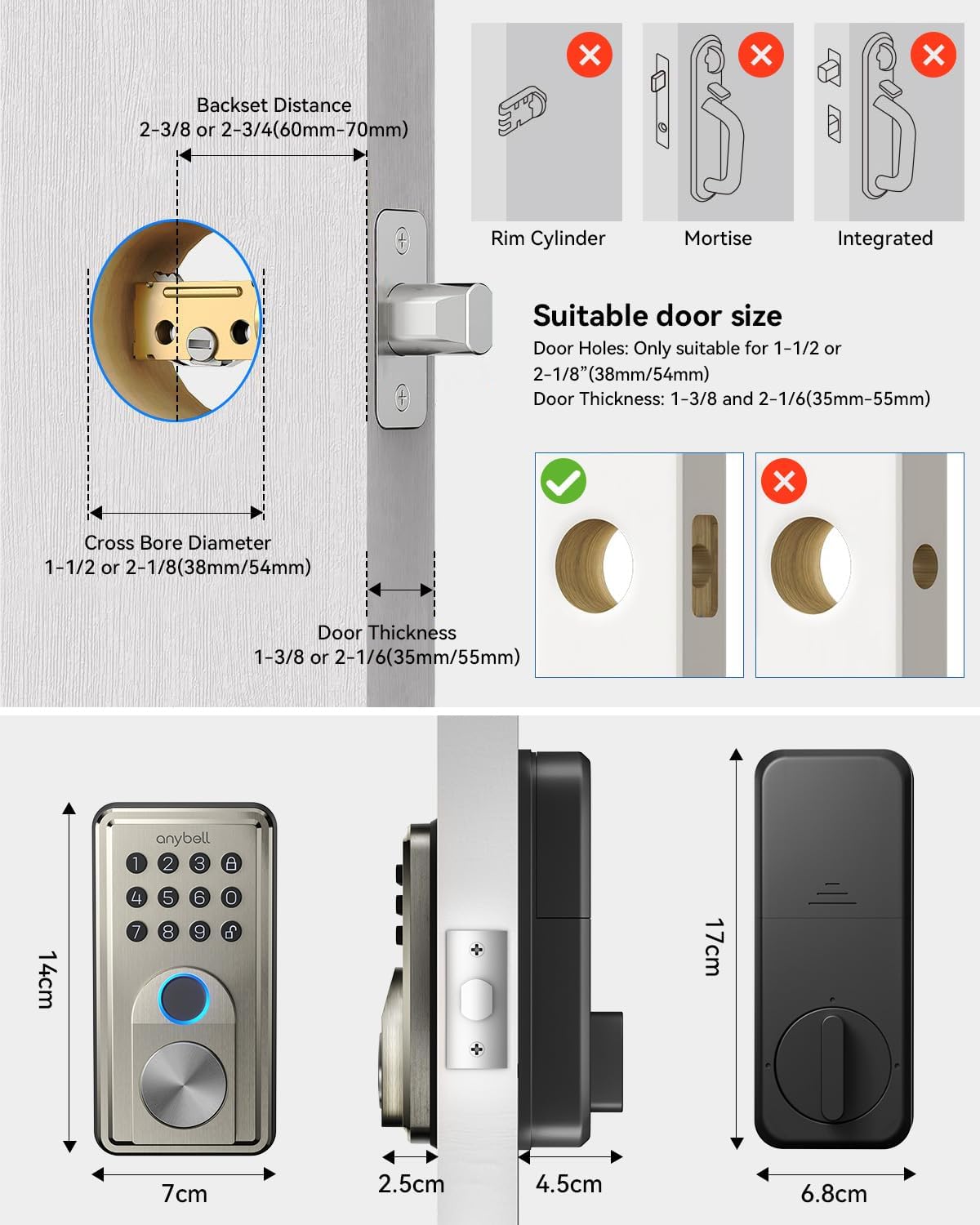 Smart Door Lock, Anybell Fingerprint Door Lock Keyless Entry with Electronic Keypad Deadbolt, App Control, Auto Lock, Biometric Lock for Front Door, Hotel & Office
