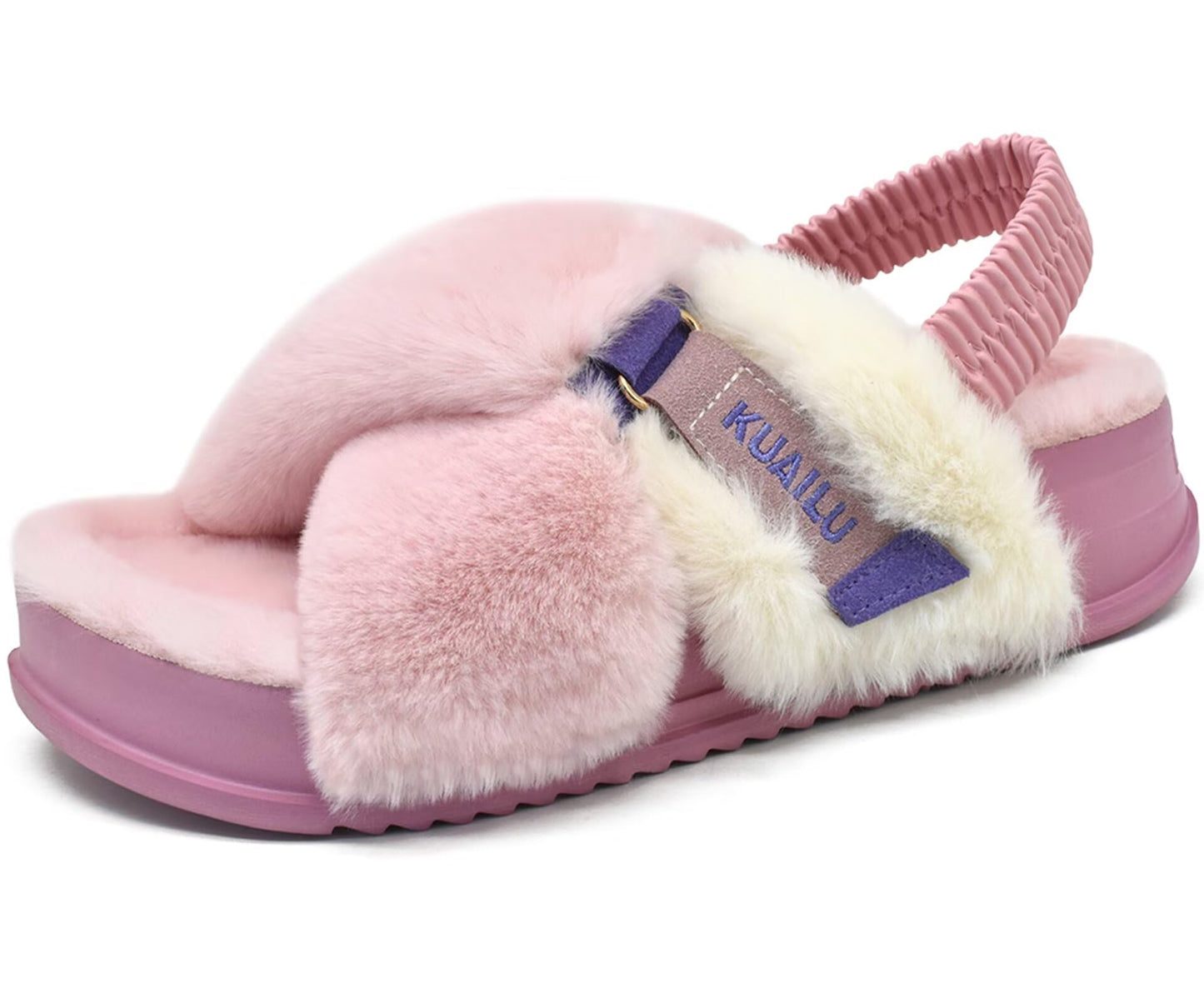 KuaiLu Womens Fuzzy Criss Cross Band Platform Slippers Arch Support Furry Faux Fur Ladies Open Toe Cozy Soft Plush Fleece Comfy House Shoes Sandals