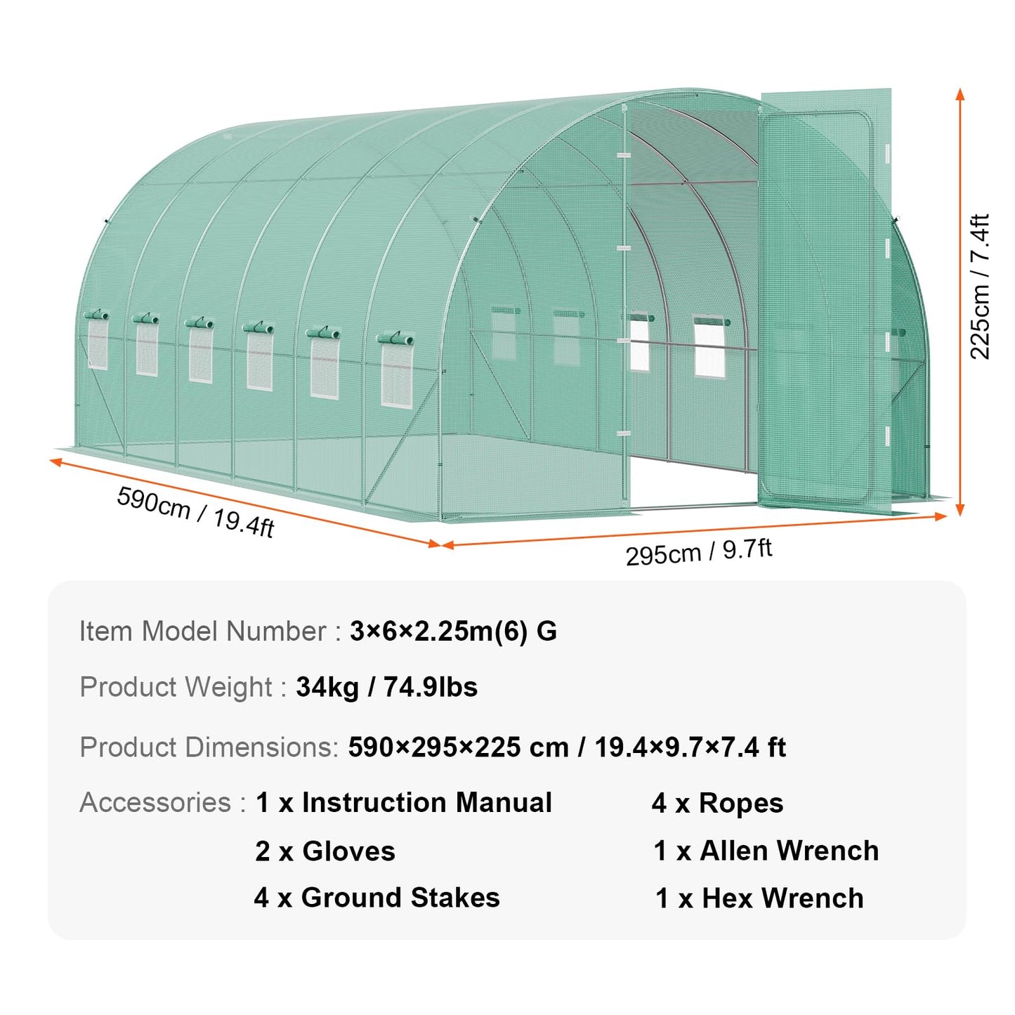 VEVOR Walk-in Tunnel Greenhouse, 9.6x6.4x6.2 ft Hoop House Greenhouse Tunnel, Plant Hot House with Galvanized Steel Frame, White PE Cover, Roll-up Zipper Door and 6 Windows for Outdoor