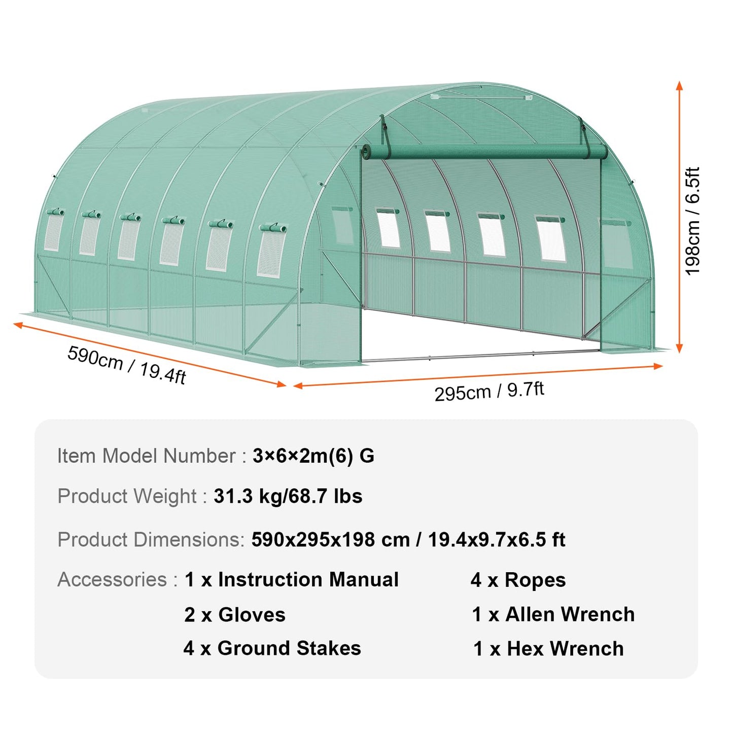VEVOR Walk-in Tunnel Greenhouse, 9.6x6.4x6.2 ft Hoop House Greenhouse Tunnel, Plant Hot House with Galvanized Steel Frame, White PE Cover, Roll-up Zipper Door and 6 Windows for Outdoor