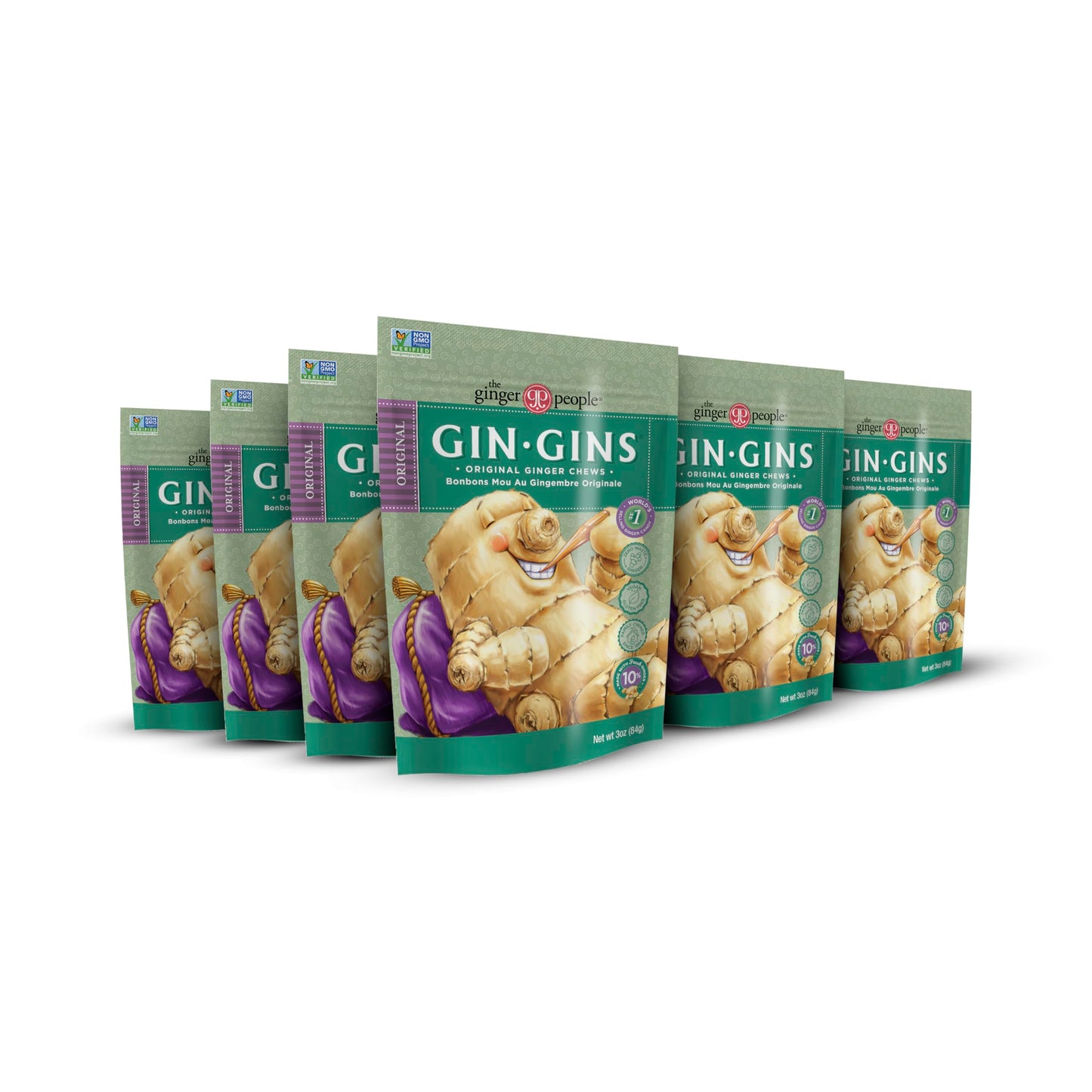 GIN GINS Ginger Chews – Natural Fresh Ginger Candy by The Ginger People – Individually Wrapped Healthy Candy – Original, Apple, Peanut and Turmeric Flavors – Variety Pack – 4 x 3oz bag each flavor (Pack of 4 bags)