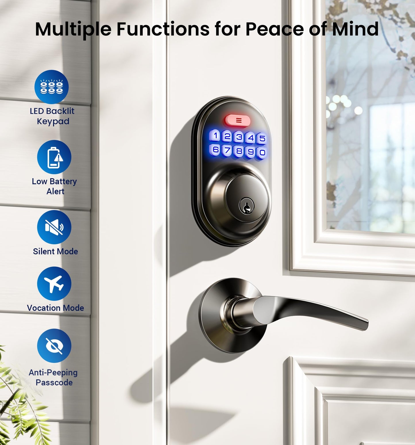 Veise Keyless Entry Door Lock with 2 Lever Handles - Electronic Keypad Deadbolt, Auto Lock, Back Lit & Easy Installation Design, Front Door Handle Sets, Matte Black