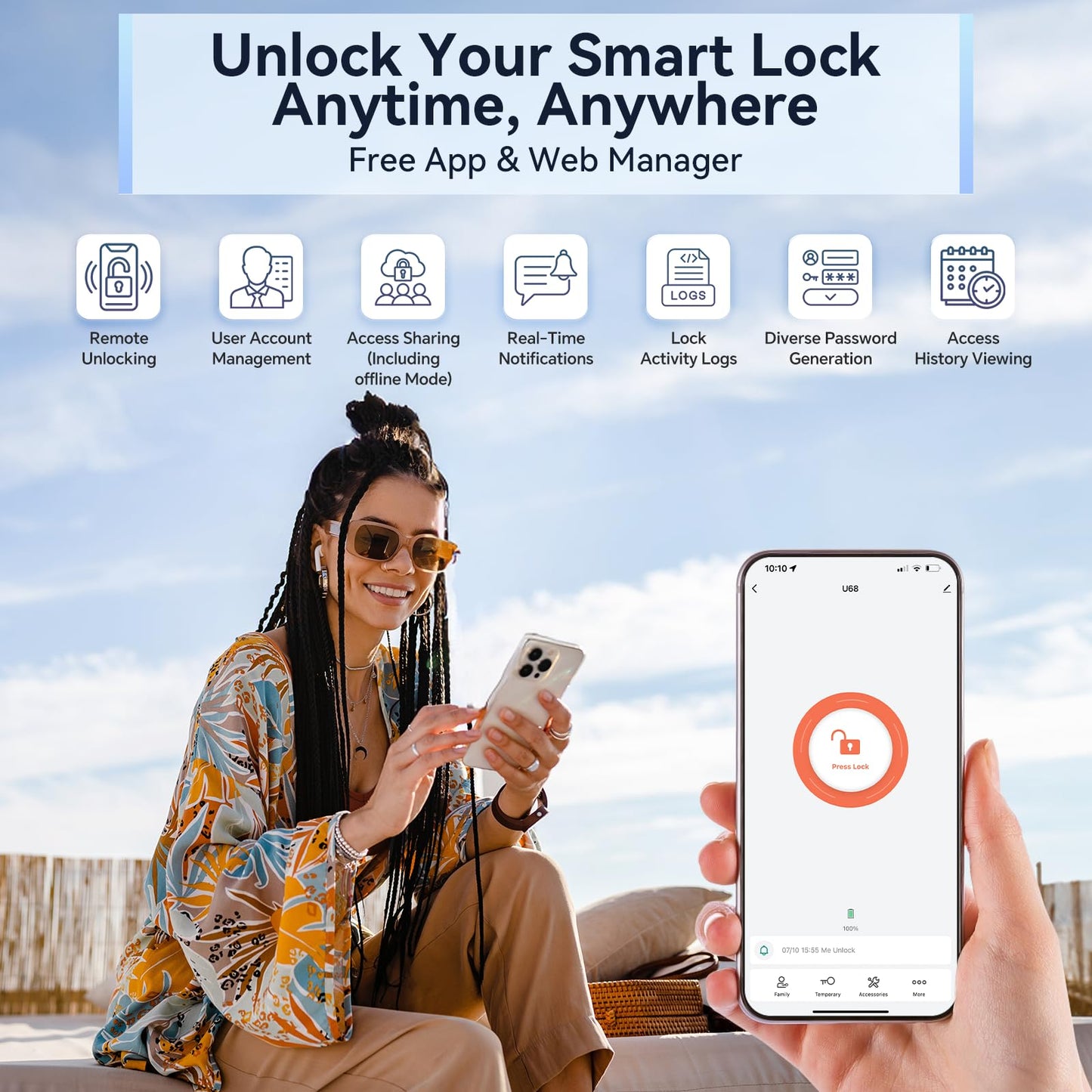 Fingerprint Keypad Deadbolt with Handle Set, Keyless Entry Door Lock, Door Locks for Front Door Lock Set, App Control, Auto Locking, Easy to Install, Matte Black