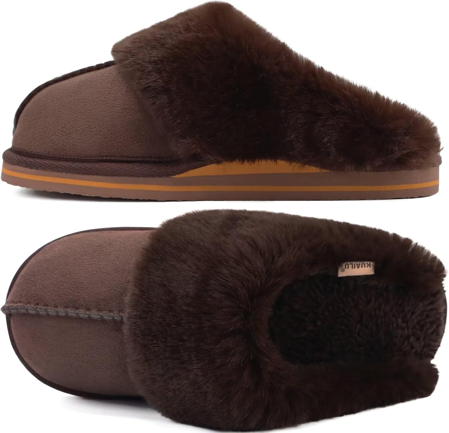 KuaiLu Womens Fluff Dual Memory Foam Slippers Ladies Cozy Arch Support Warm Scuff Slippers Slip on Comfy Winter House Shoes with Non-Slip Indoor Outdoor Hard Sole