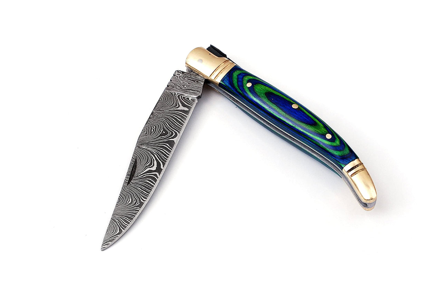 Damascus steel folding knife with leather sheath, 8.5 inches long laguiole pocket knife with 4 inches long Damascus steel Blade, 4.5 inches Blue multi colored wood scale with Brass bolster and pommel,