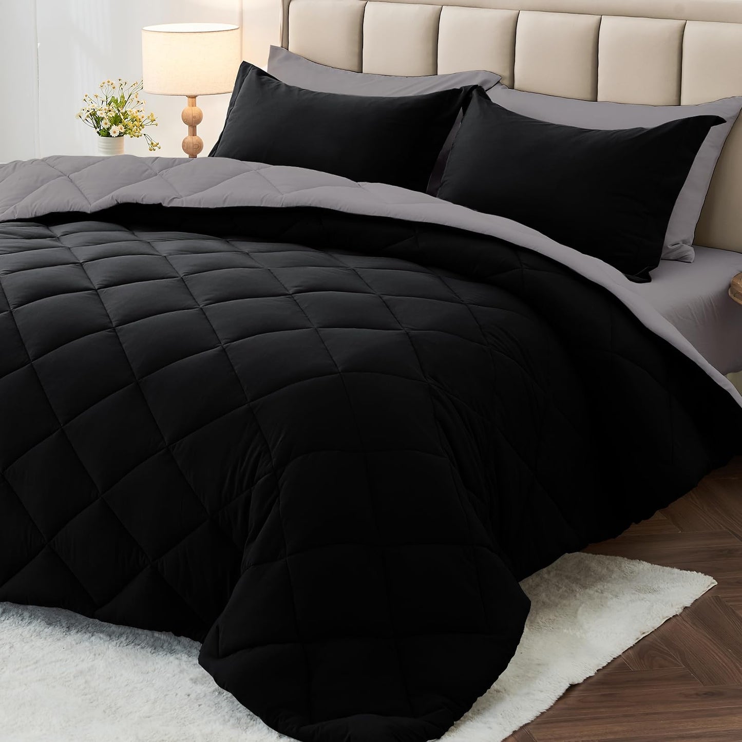 MUXHOMO 7 Pieces Queen Comforter Set, Reversible Bed in a Bag Queen Size, All Season Bedding Set with Comforter, Flat Sheet, Fitted Sheet, Pillowcases & Shams, Red & Black
