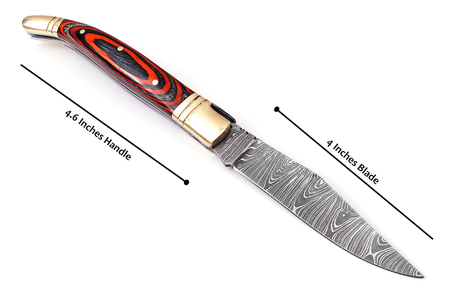 Damascus steel folding knife with leather sheath, 8.5 inches long laguiole pocket knife with 4 inches long Damascus steel Blade, 4.5 inches Blue multi colored wood scale with Brass bolster and pommel,