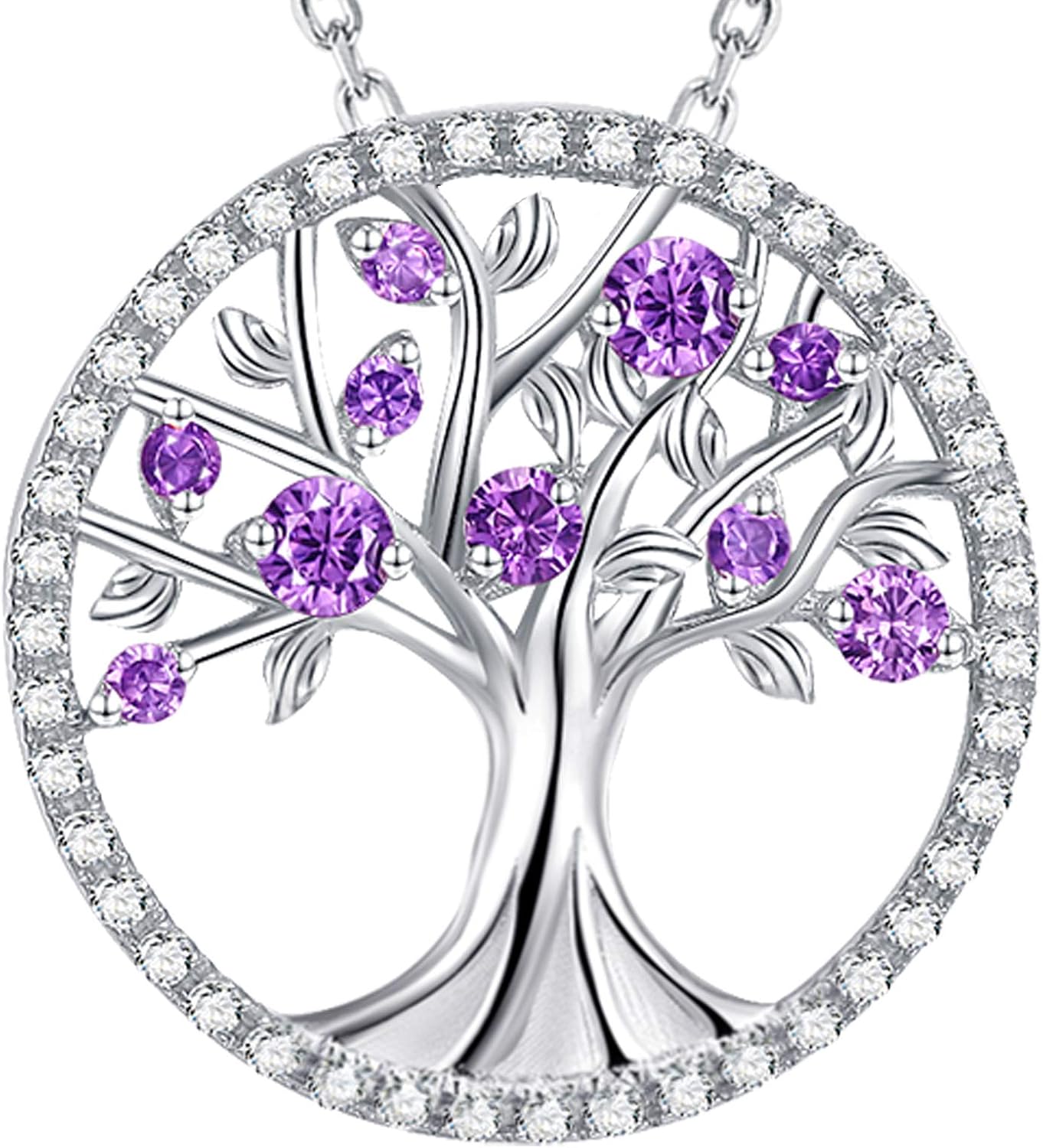 Tree of Life Necklace Birthday Gifts for Wife Mom January February Birthstones Necklace Garnet Amethyst and More Stones Jewelry 925 Sterling Silver