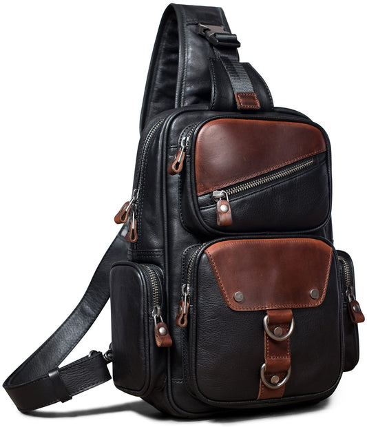 Genuine Leather Sling Bag for Men Large Crossbody Shoulder Bag Casual Sling Backpack Anti-Theft Travel Chest Purse
