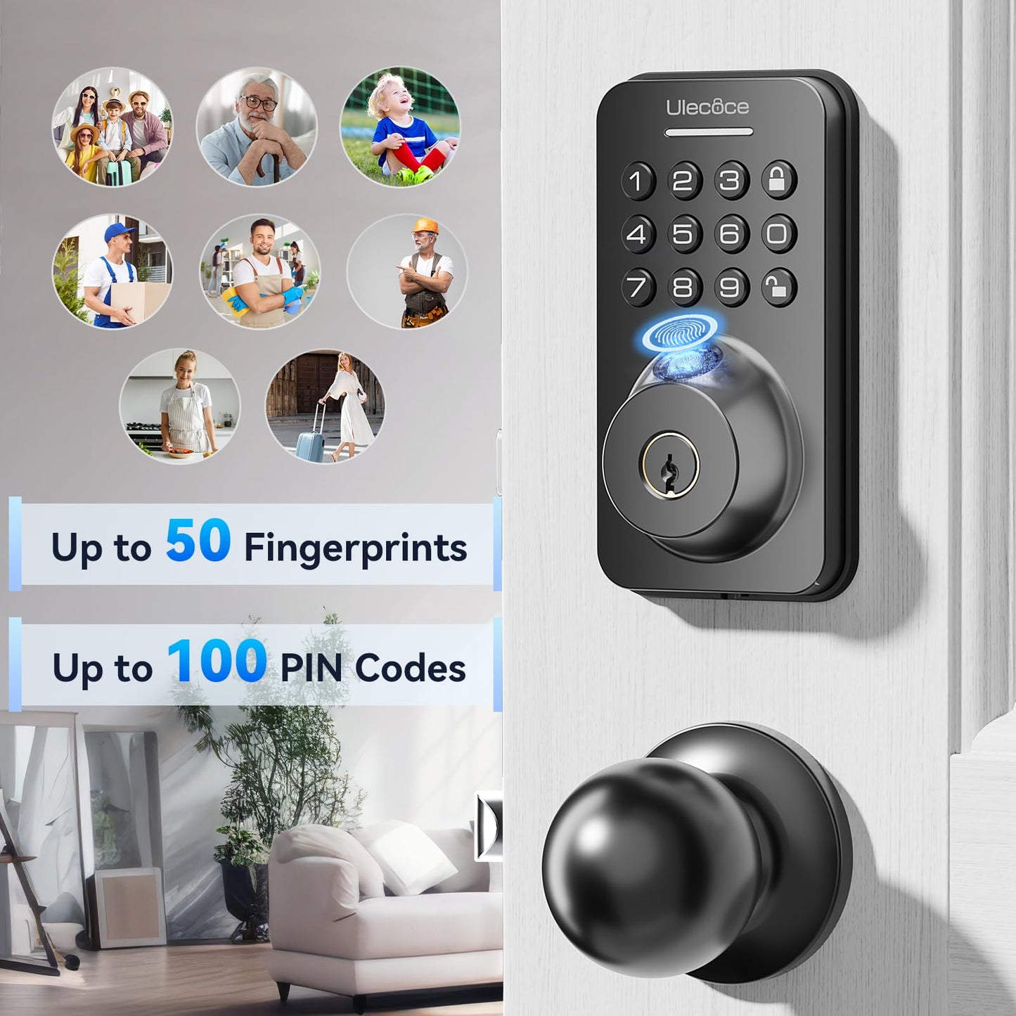 Fingerprint Keypad Deadbolt with Handle Set, Keyless Entry Door Lock, Door Locks for Front Door Lock Set, App Control, Auto Locking, Easy to Install, Matte Black