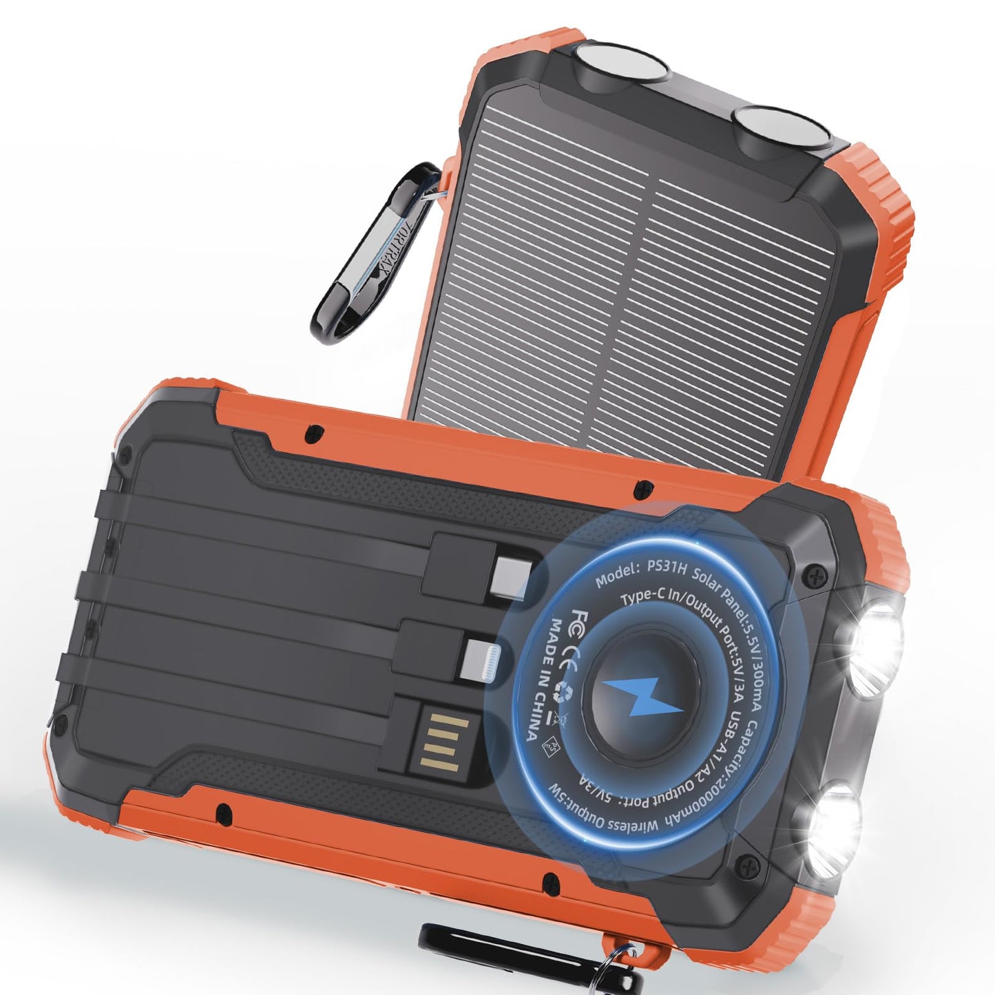 Solar Charger Power Bank 20,000mAh, Portable Wireless Charger, Fast Charging External Battery Bank with 6 Outputs for Cell Phones, Portable Solar Panel with Dual Flashlight for Camping