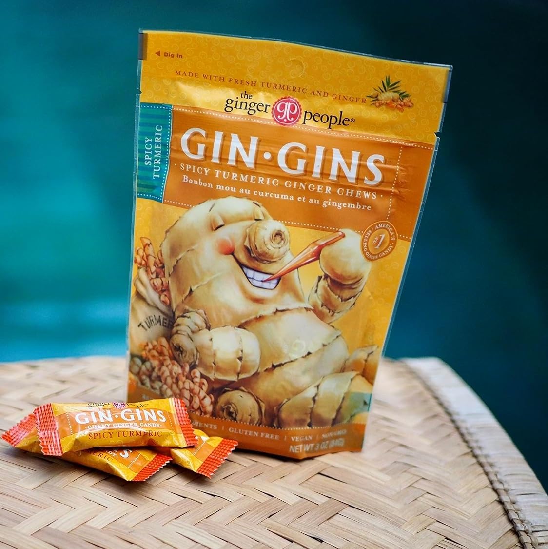 GIN GINS Ginger Chews – Natural Fresh Ginger Candy by The Ginger People – Individually Wrapped Healthy Candy – Original, Apple, Peanut and Turmeric Flavors – Variety Pack – 4 x 3oz bag each flavor (Pack of 4 bags)